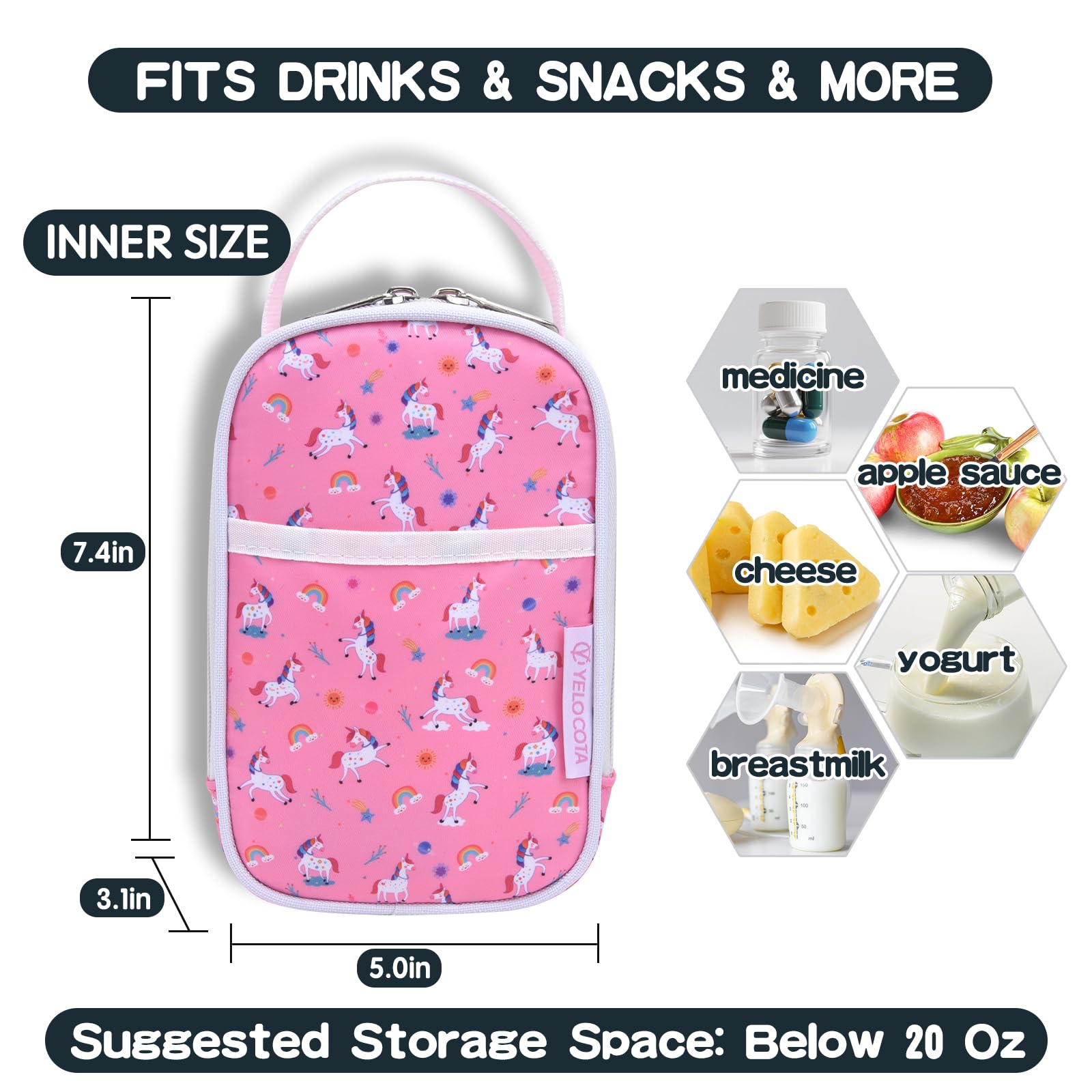 Yelocota Small Insulated Lunch Bag- Snack Bag- Mini Cooler Bag with Handle for Travel,Work,School(Storage Space below 20oz)- Also Suitable for Pairing with Food Jar