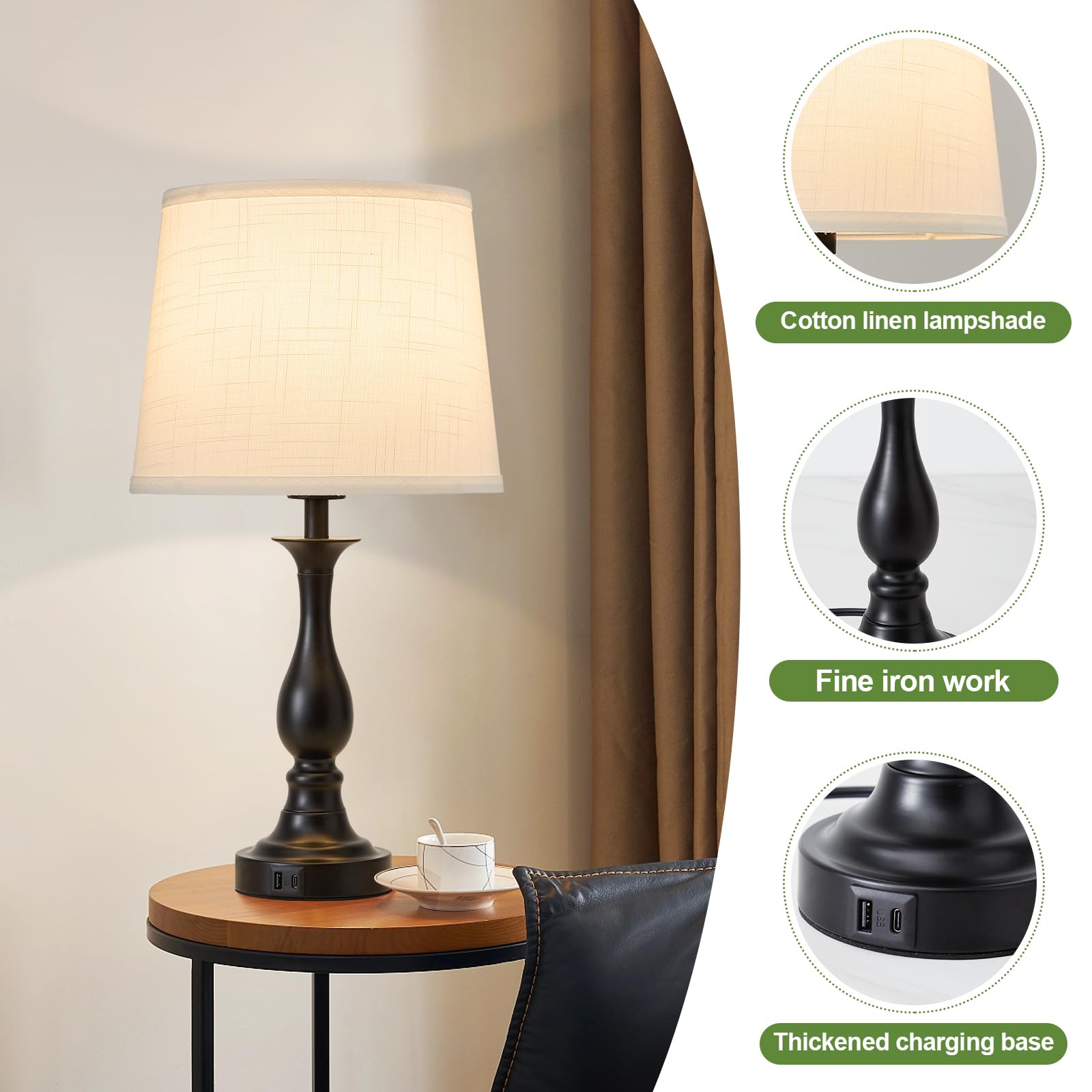 Bedside Table Lamp Touch Control Bedroom Lamps with USB A and C Charging Port 3 Way Dimmable Touch Lamps for Nightstand Living Room Bedroom Dorm Home Office Reading, Set of 2