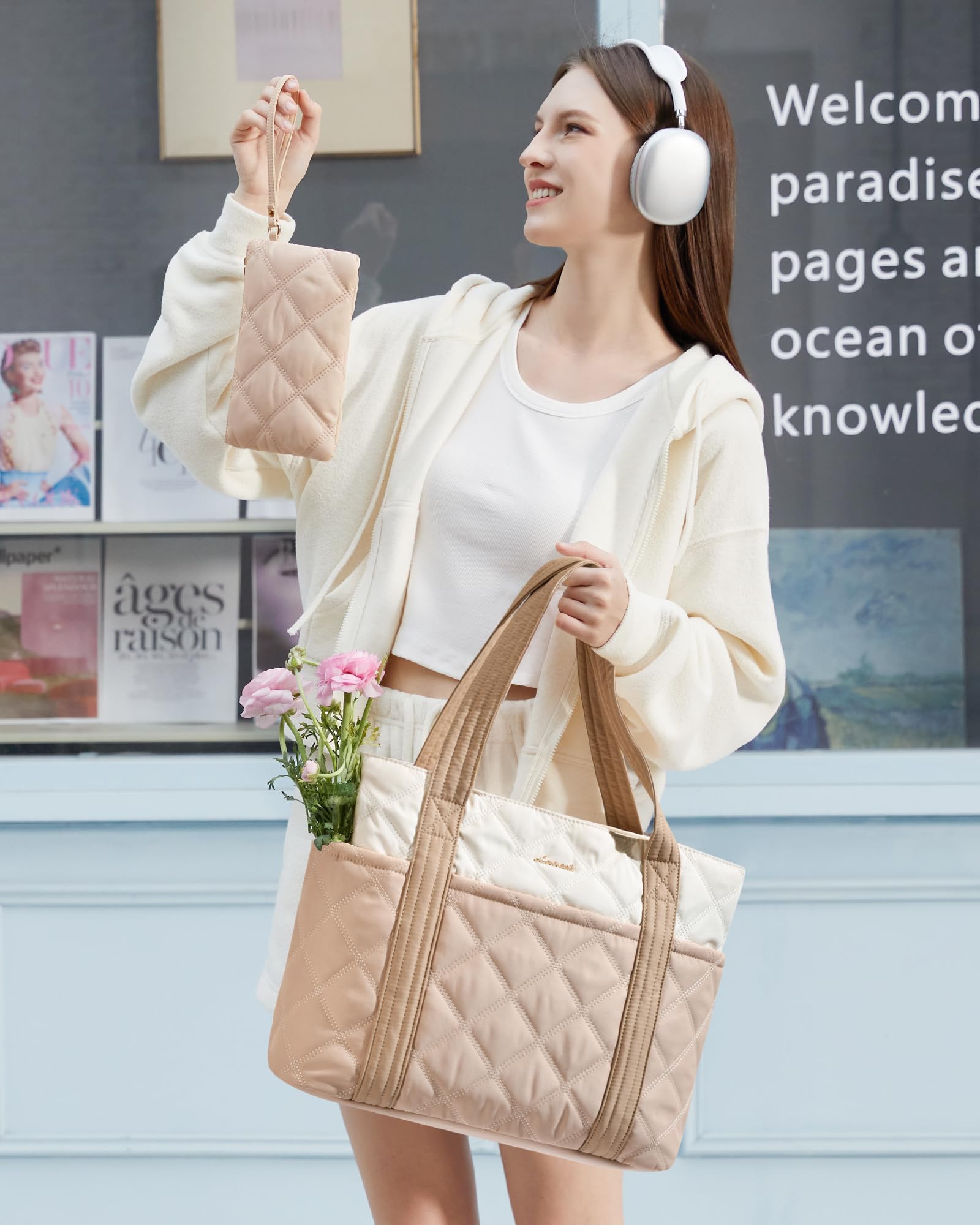 LOVEVOOK Puffer Tote Bag for Women, Puffy Work Handbag with Cup Holder, Travel Carry On Bag with Zipper for Teacher Nurse Gym