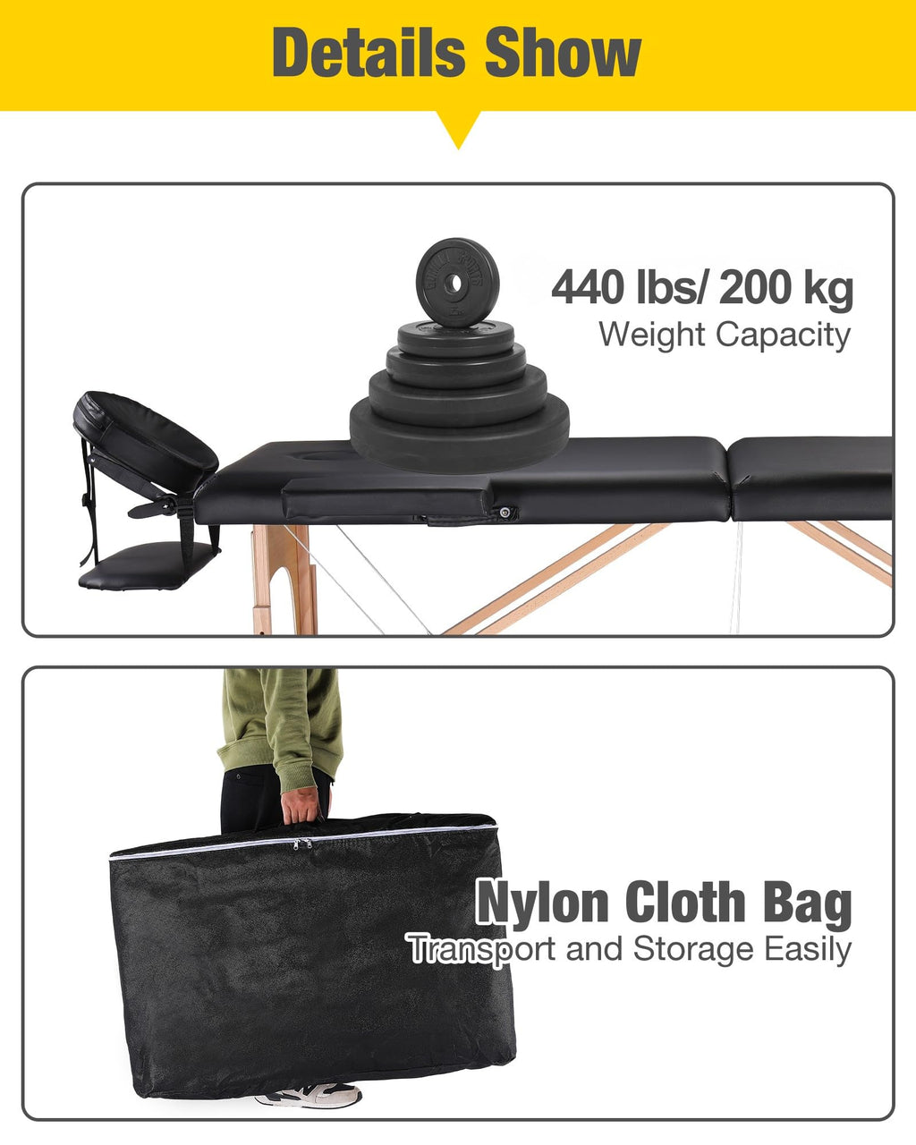 Portable Massage Table Massage Bed Professional SPA Reiki Eyelash Salon Bed, Wooden Frame Height Adjustment Accessories, Black (3-Section)