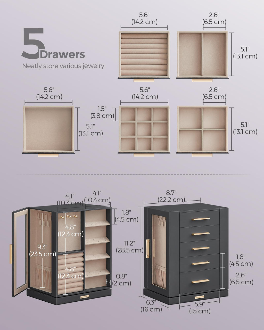 SONGMICS GISELLA Collection - Jewelry Box Organizer 360° Rotating, Vertical Jewelry Storage Case with 5 Drawers, Glass Window, Spacious, Open Design, Great Gift, Cloud White UJBC170W01