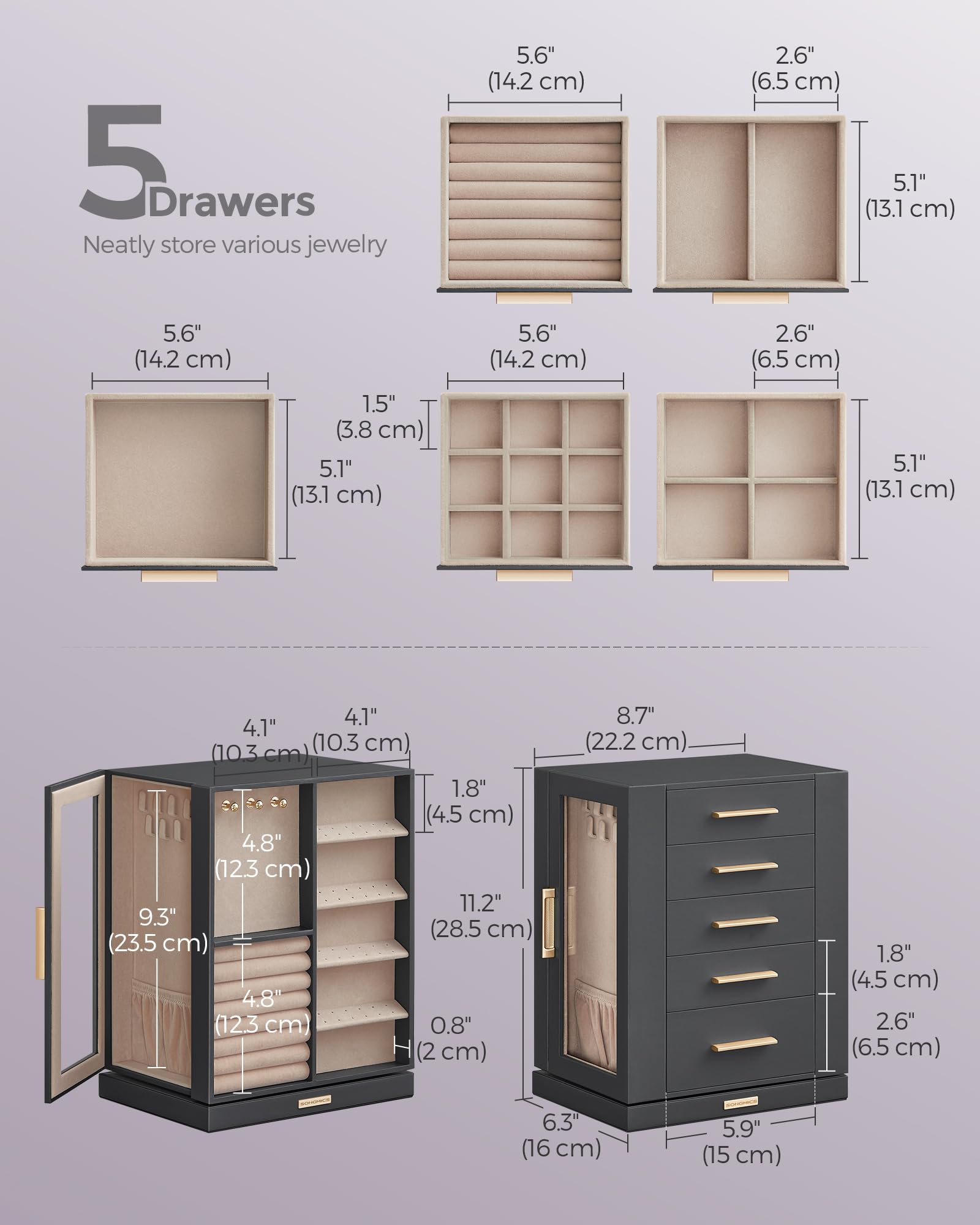 SONGMICS GISELLA Collection - Jewelry Box Organizer 360° Rotating, Vertical Jewelry Storage Case with 5 Drawers, Glass Window, Spacious, Open Design, Great Gift, Cloud White UJBC170W01