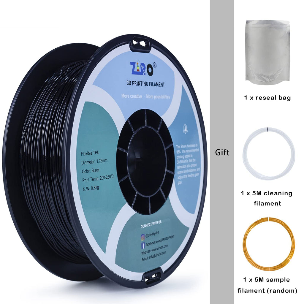 ZIRO TPU Filament 1.75mm 3D Printer Filament, Shore 95A Hardness TPU, Flexible Soft Material, 0.8KG/1.8lbs Spool, Fit Most FDM 3D Printers, Black