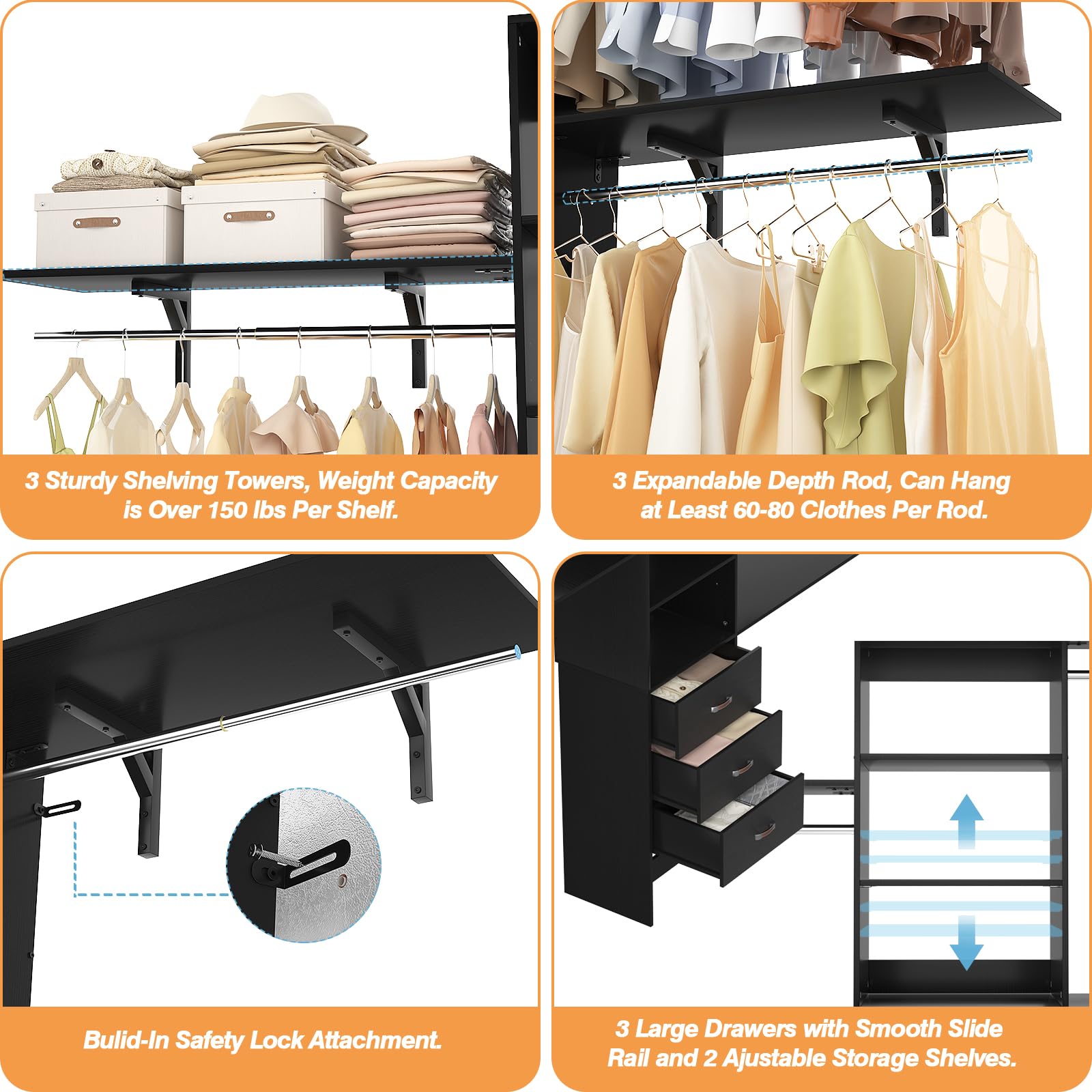 iSunirm 8FT Closet System, 96'' Closet Organizer System with 3 Hanging Rods, Wall Mount Bedroom Wardrobe with 3 Drawers Walk-in Closet, Adjustable Cloth Garment Rack from 5 to 8FT (Cut to Fit), Black