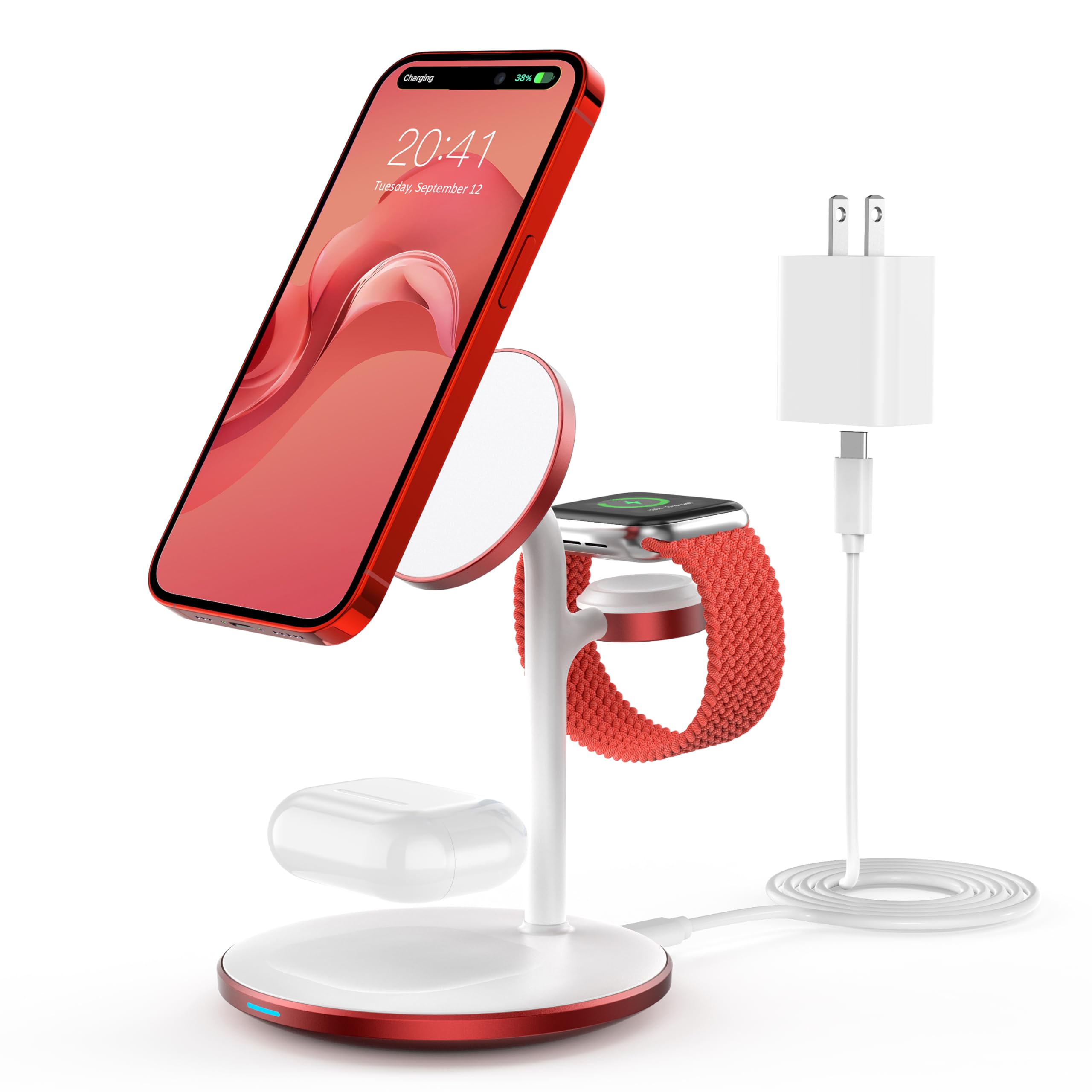 XooFly 3 in 1 Wireless Charging Station for Apple Devices, Fast Wireless Mag-Safe Charger Stand with 20W Adapter for iPhone 17/16 15 14 13 12 Pro Max/Pro/Plus/Air/Mini, iWatch, AirPods (Black)