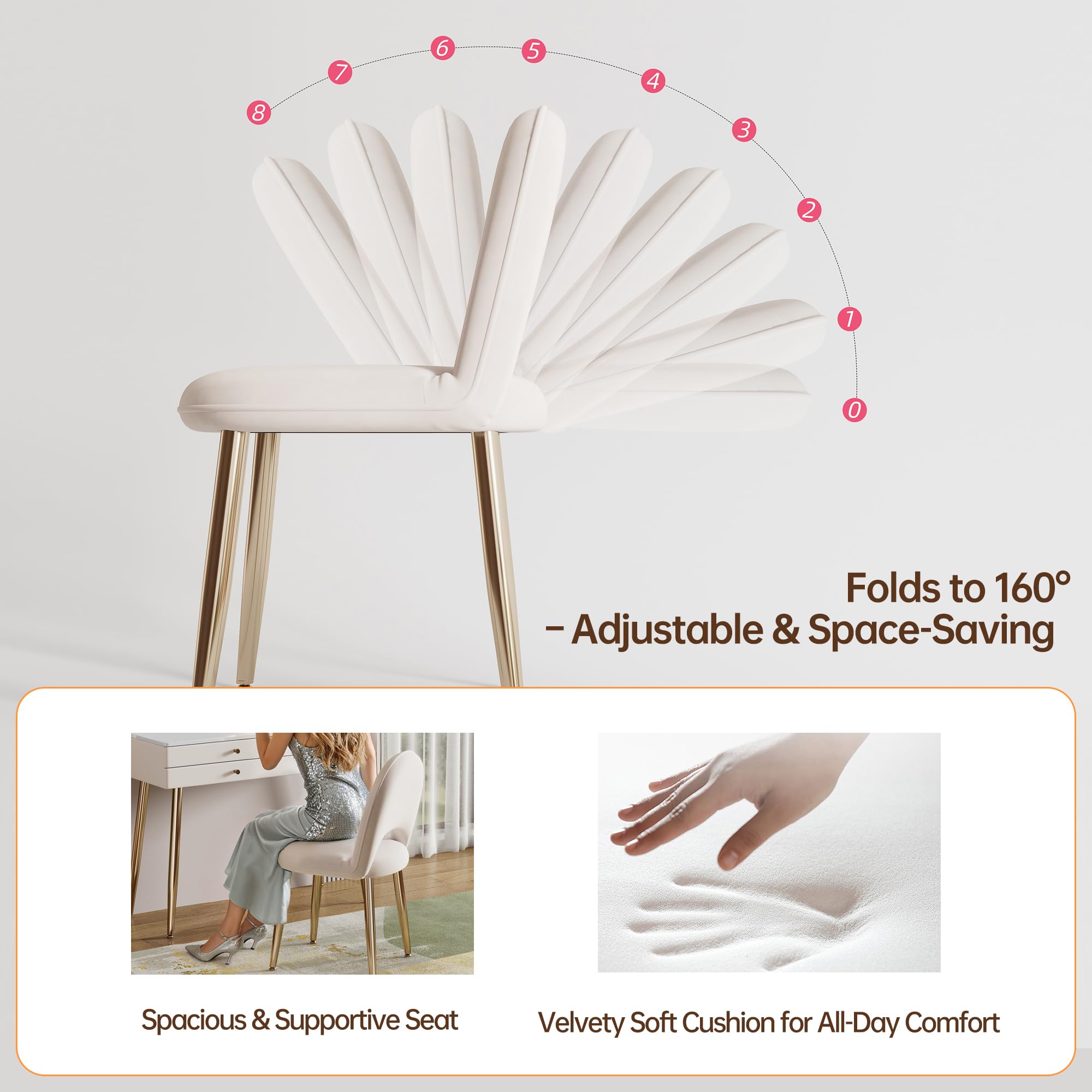 KDCAS Vanity Desk with Mirror and Lights| 39" Beige Modern Makeup Vanity Set with Drawers & Adjustable Chair| White and Gold Dressing Table for Small Spaces & Bedroom