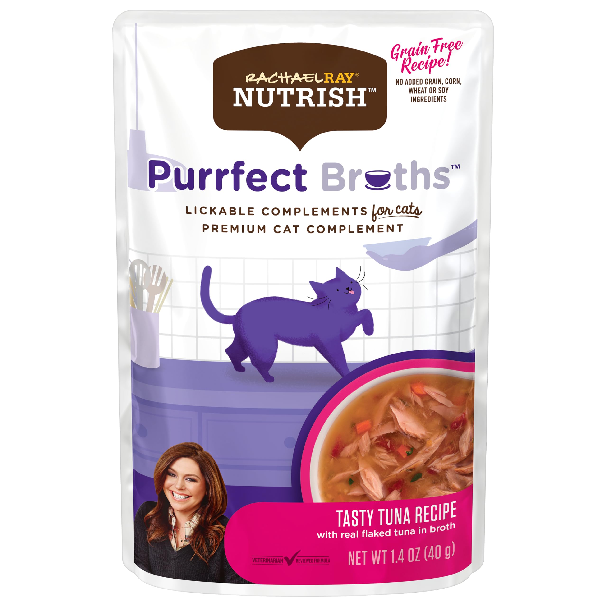 Nutrish Rachael Ray Purrfect Broths Classic Chicken Recipe, Lickable Complements for Cats, 1.4 oz. Pouch, 24 Count