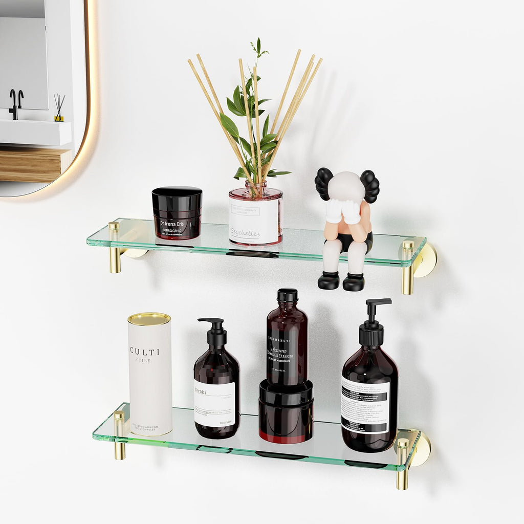 Glass Bathroom Shelves,Brushed Gold Floating Shelves for Wall Rectangular Modern Stainless Steel Glass Shelf for Bathroom Shelves wall Mounted 16 Inch
