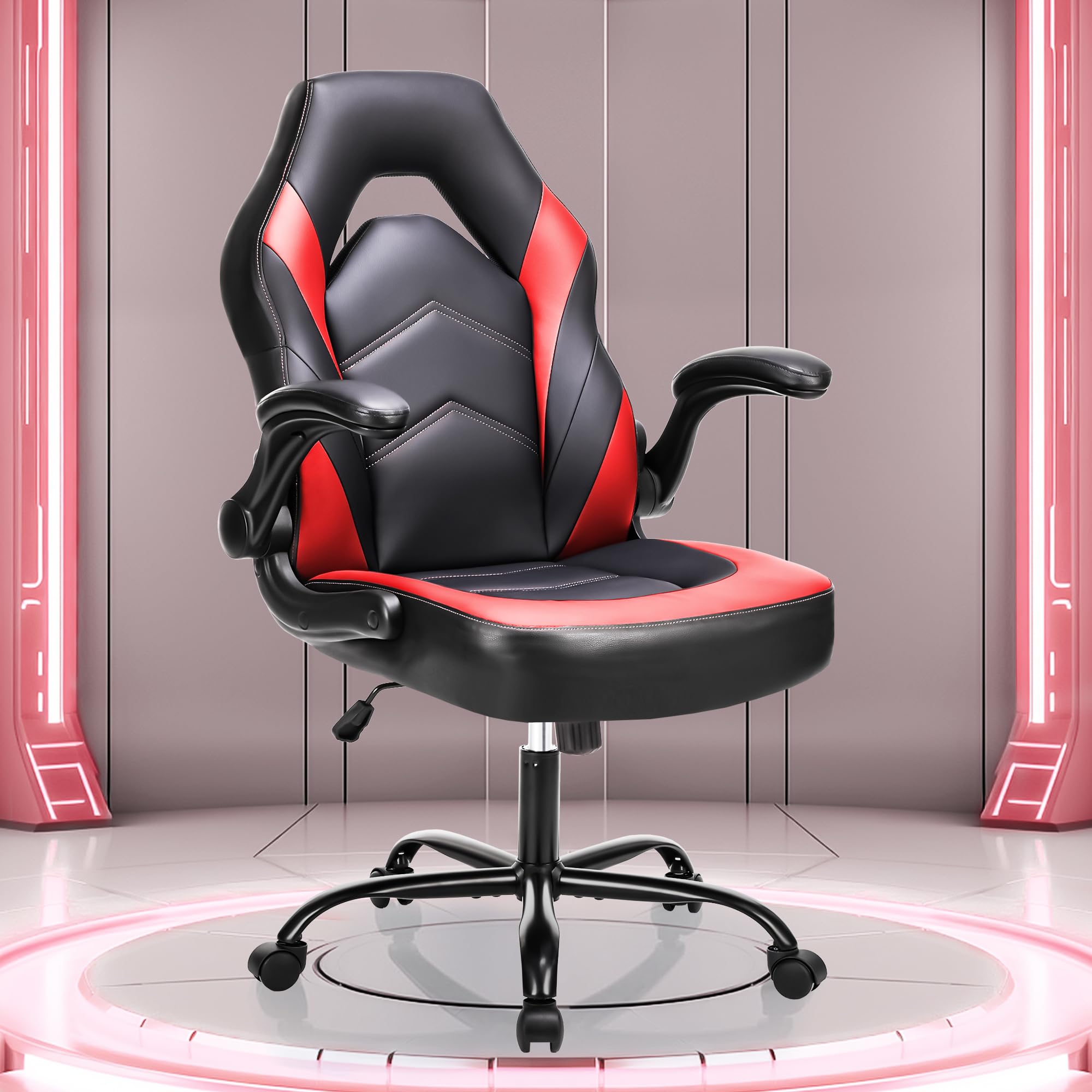 OLIXIS Computer Gaming Desk Chair - Ergonomic Video Game with Comfy Lumbar Support and headrest, PU Leather with Flip-up Arms, Adjustable Height and Swivel Wheels, for Adults, Black