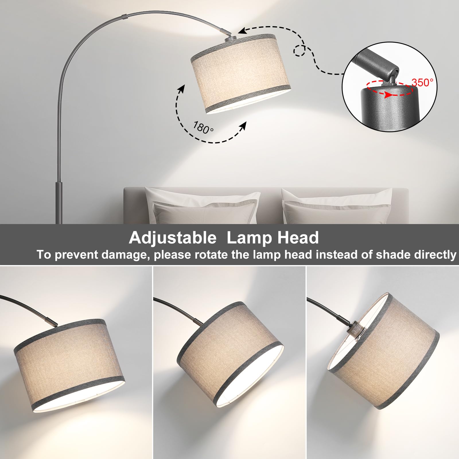 Rattan Floor Lamp, Arc Floor Lamps for Living Room, Farmhouse Standing Lamp with Adjustable Hanging Fabric Shade, Tall Pole Lamp with Foot Switch, Over Couch Arched Reading Light for Bedroom, Office