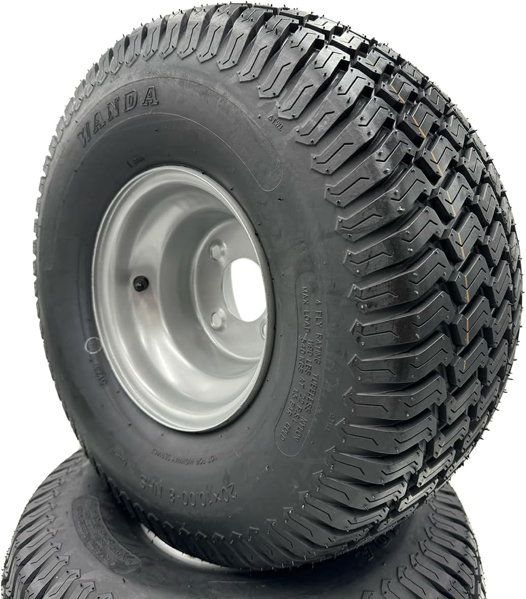 Set of 2 - Silver 20x10.00-8 Lawn Mower Tire and Rim