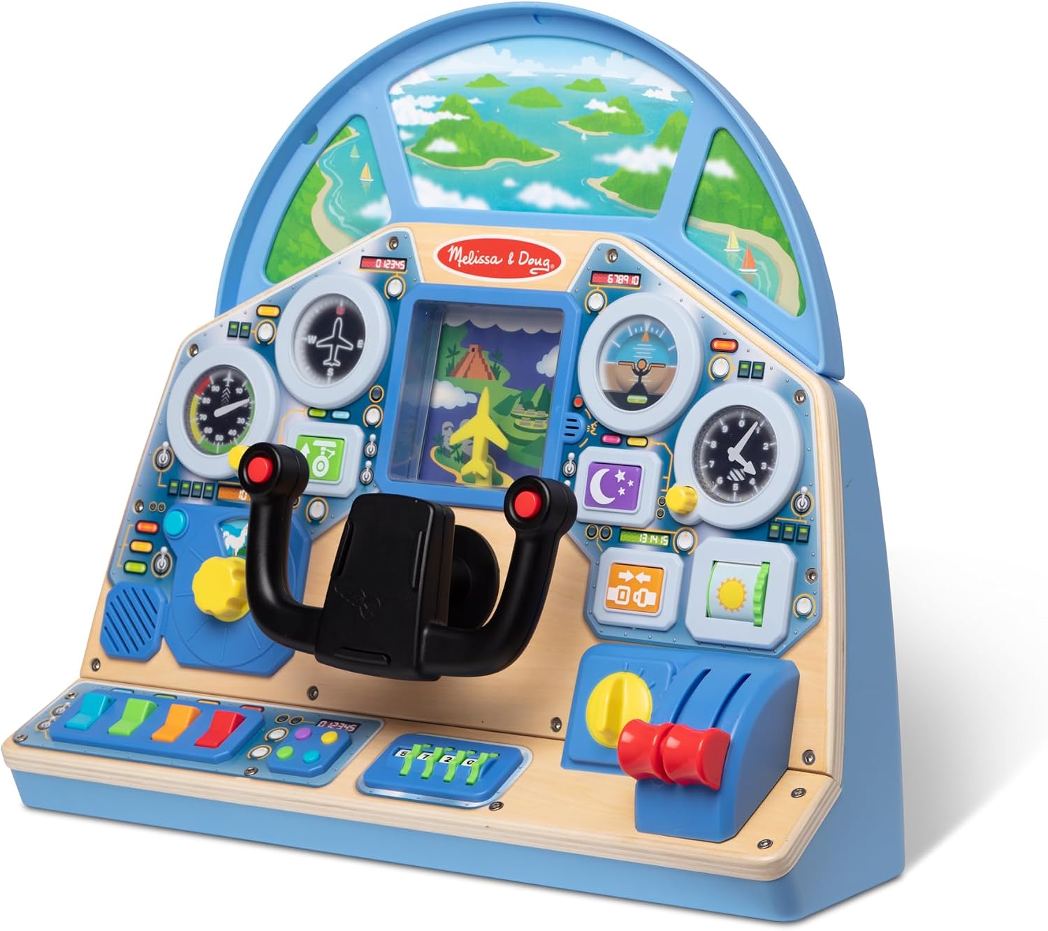 Melissa & Doug Jet Pilot Interactive Dashboard Wooden Toy for Boys and Girls Ages 3+ Cockpit Steering Wheel Pretend to Fly Experience, Fidget Buttons - FSC Certified