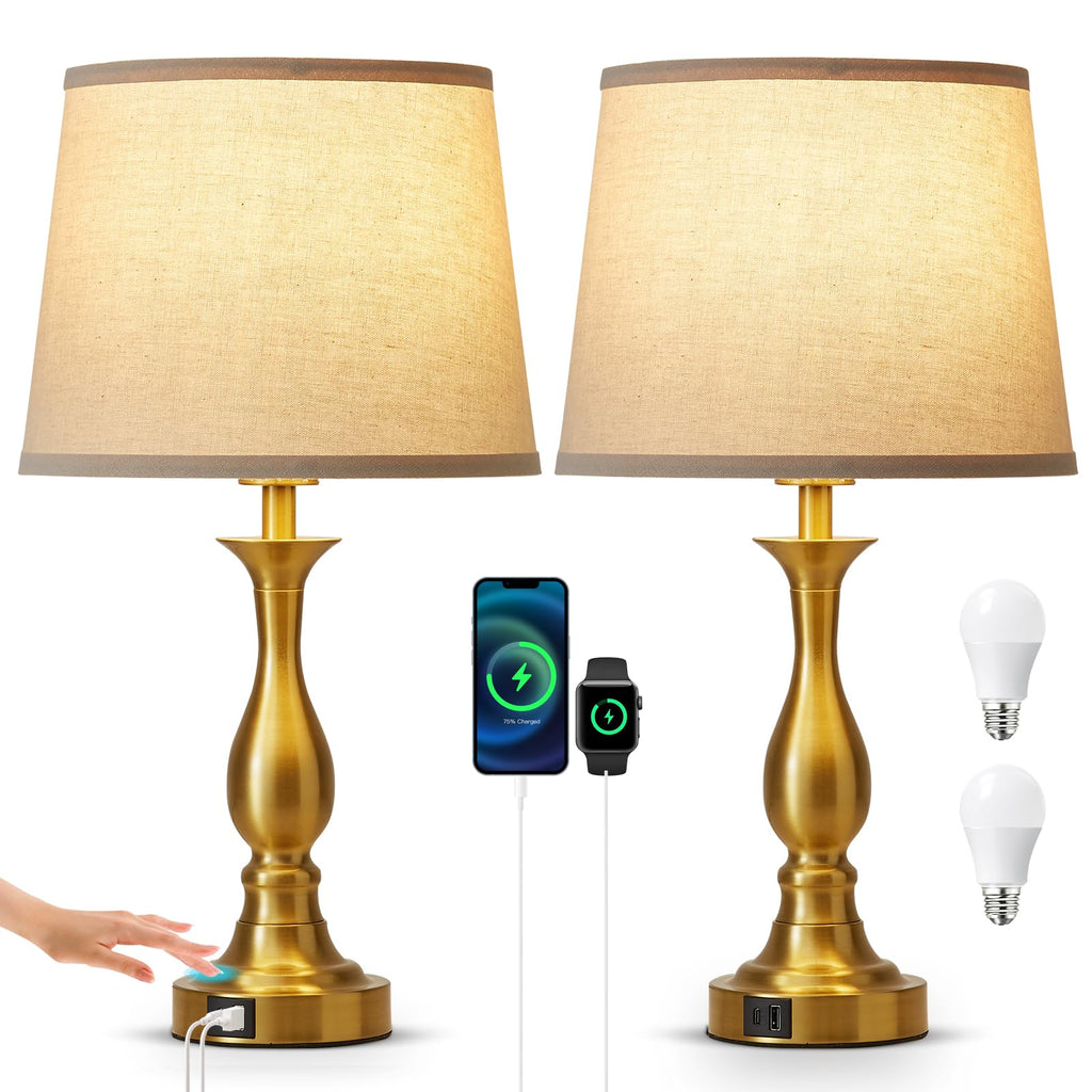 Bedside Table Lamp Touch Control Bedroom Lamps with USB A and C Charging Port 3 Way Dimmable Touch Lamps for Nightstand Living Room Bedroom Dorm Home Office Reading, Set of 2