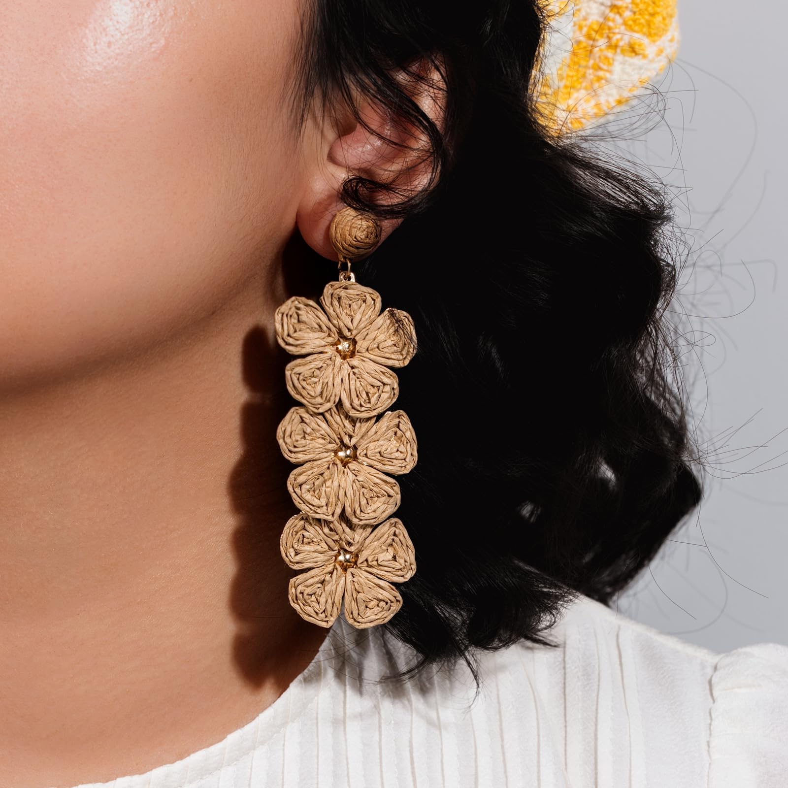 Boho Flower Earrings Statement Raffia Dangle Earrings Cute Floral Jewelry Trendy Summer Beach Vacation Outfits for Women
