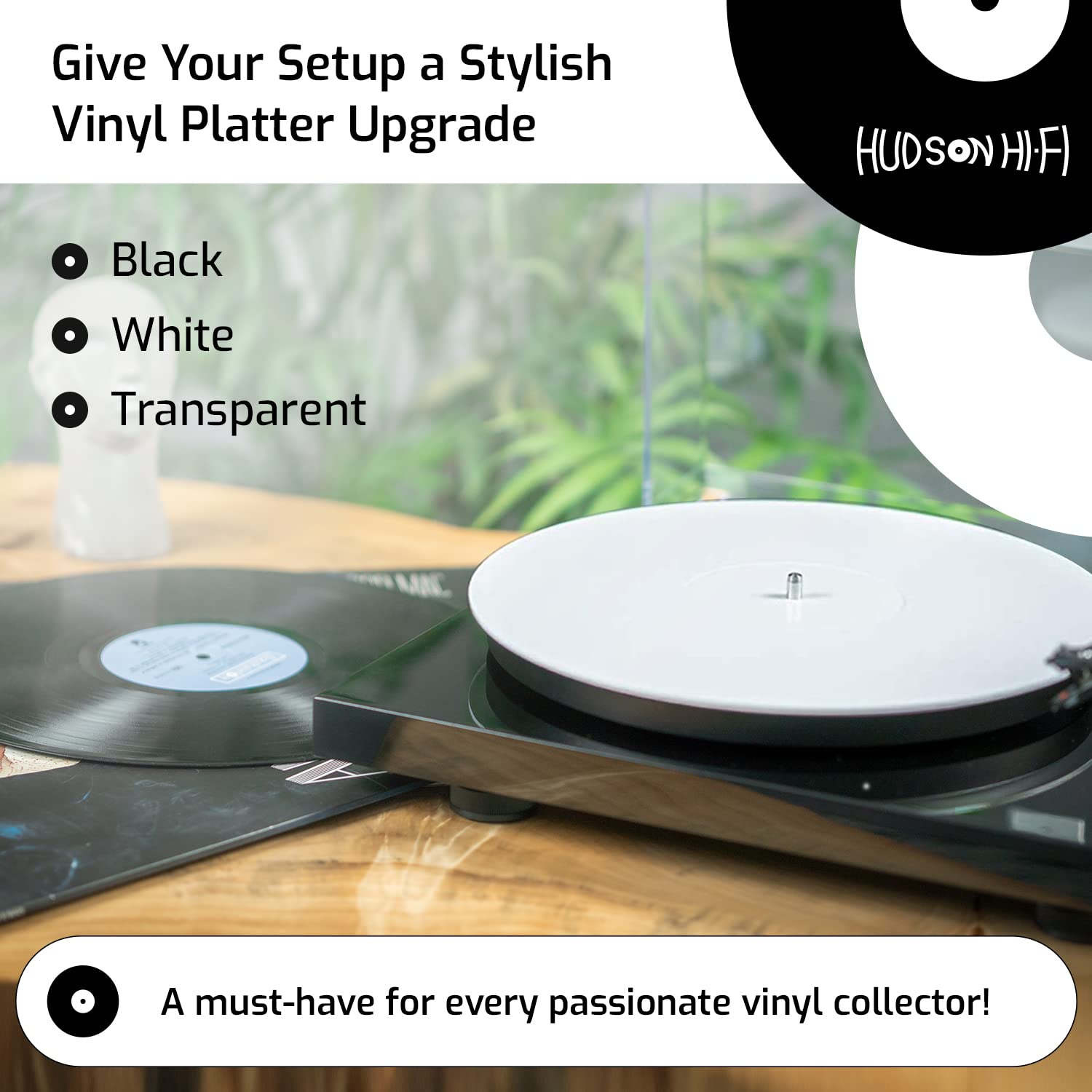 Hudson Hi-Fi Acrylic Turntable Mat – 11.75” Anti-Static Turntable Slipmat with Label Recess – 1/8” Thick Acrylic Platter Mat for Vinyl LP Record Players – Black