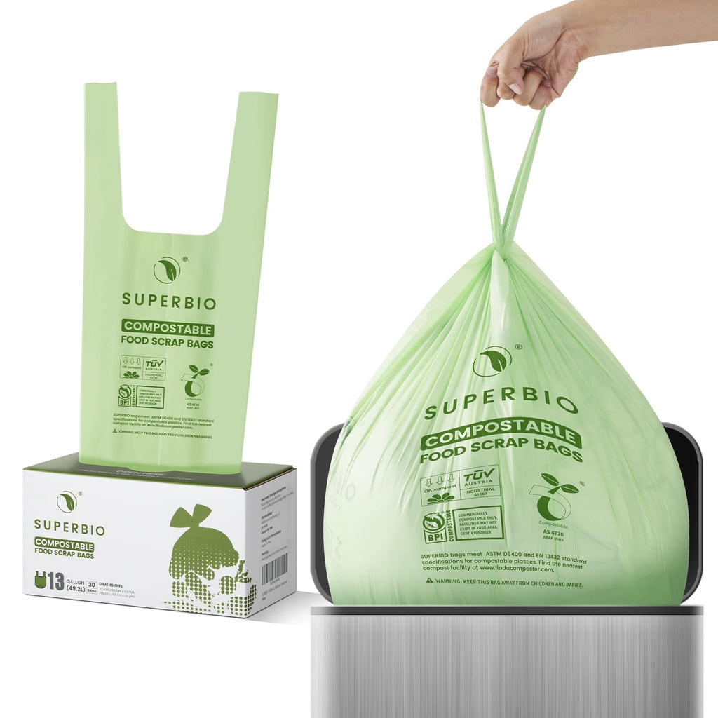 SUPERBIO 1.6 Gallon Handle Tie Compostable Food Scrap Bags, Small Compost Bags with Handles, 50 Count, 2 Pack, BPI & OK compost INDUSTRIAL