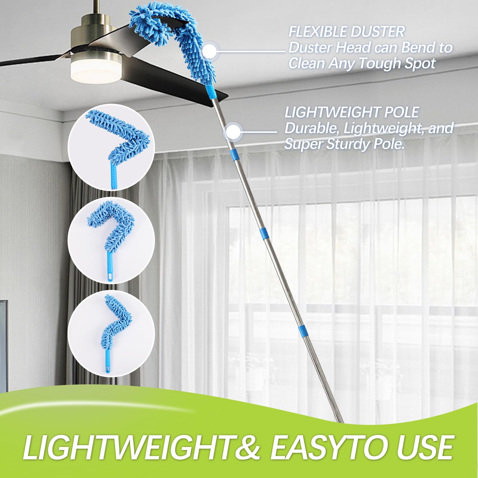 Ceiling Fan Cleaner Duster Reusable Microfiber Removable Duster with Extension Pole Adjusts 12 to 71 Inch for Cleaning Walls Bookshelves Furniture Door Window Top (Blue)