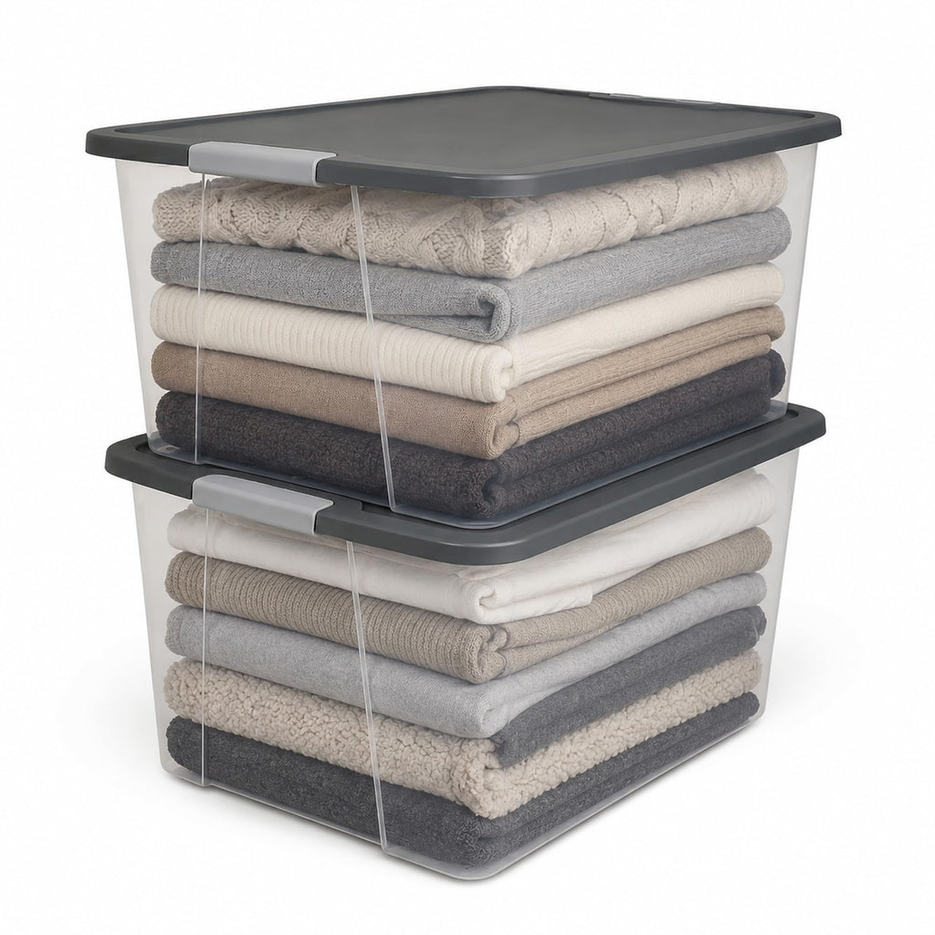 HOMZ 4-Pack Secure Latch, Clear Plastic Storage Organizer Bins, 15 Quart, Gray Lid - Stackable Container Boxes for Bedroom, Bathroom, Garage, and Office Organization