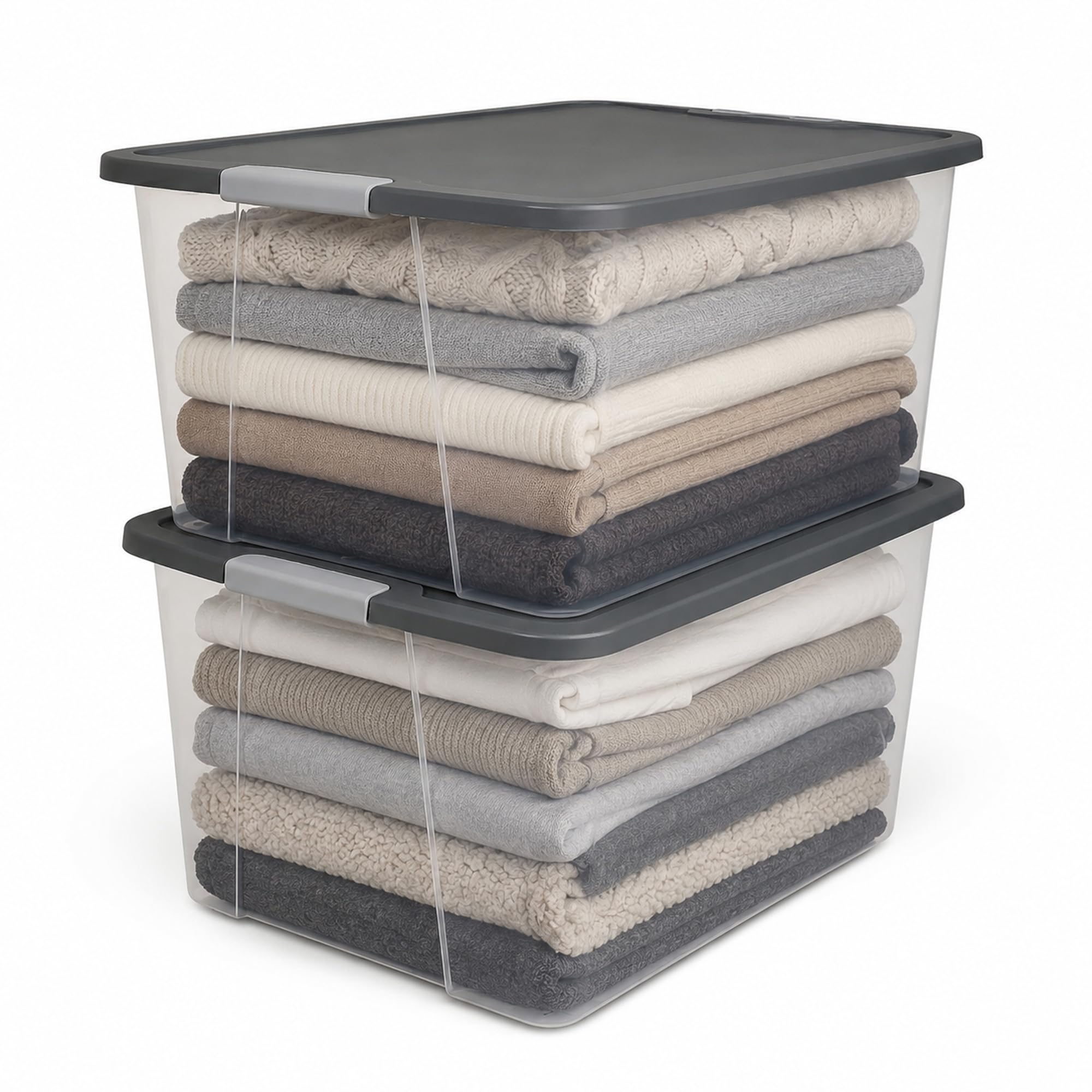 HOMZ 4-Pack Secure Latch, Clear Plastic Storage Organizer Bins, 15 Quart, Gray Lid - Stackable Container Boxes for Bedroom, Bathroom, Garage, and Office Organization