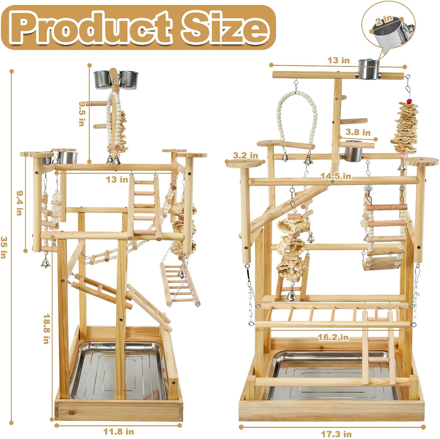 LIMIO Bird Playground - Natural Wood Parrot Playstand with Perches, Bird Play Gym & Accessories, Removable Tray & 4 Stainless Steel Cups