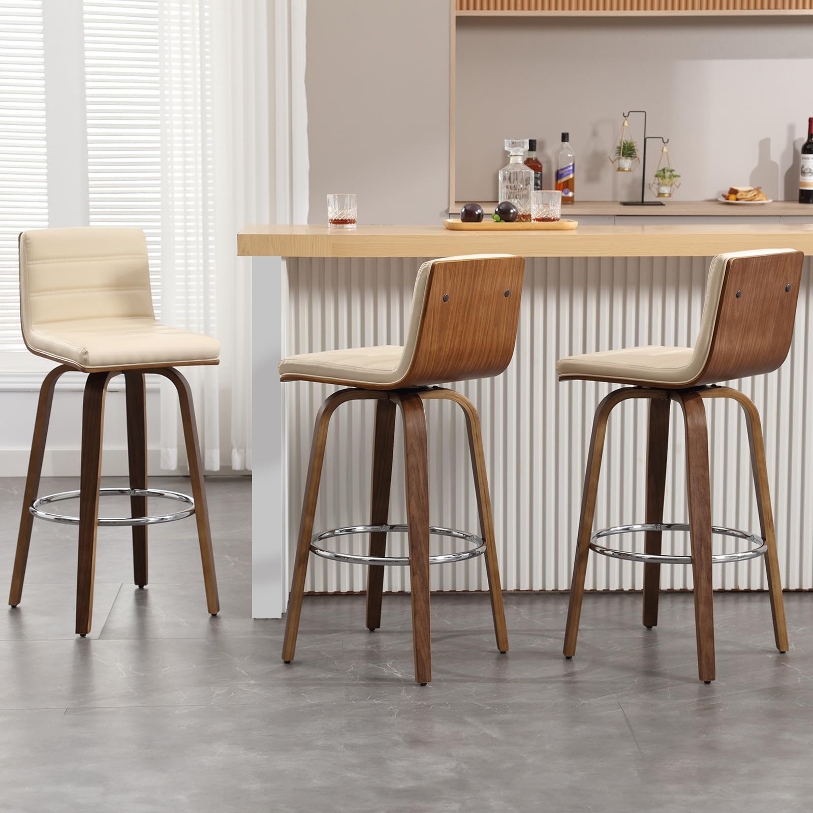 Bar Stools 29 Inch Bar Height, Swivel Bar Stools with Backs Upholstered PU Leather Barstool, L Shape Back and Padded Seat, Mid-Century Modern Bar Stool Pub Chairs for Kitchen Counter Island, Black