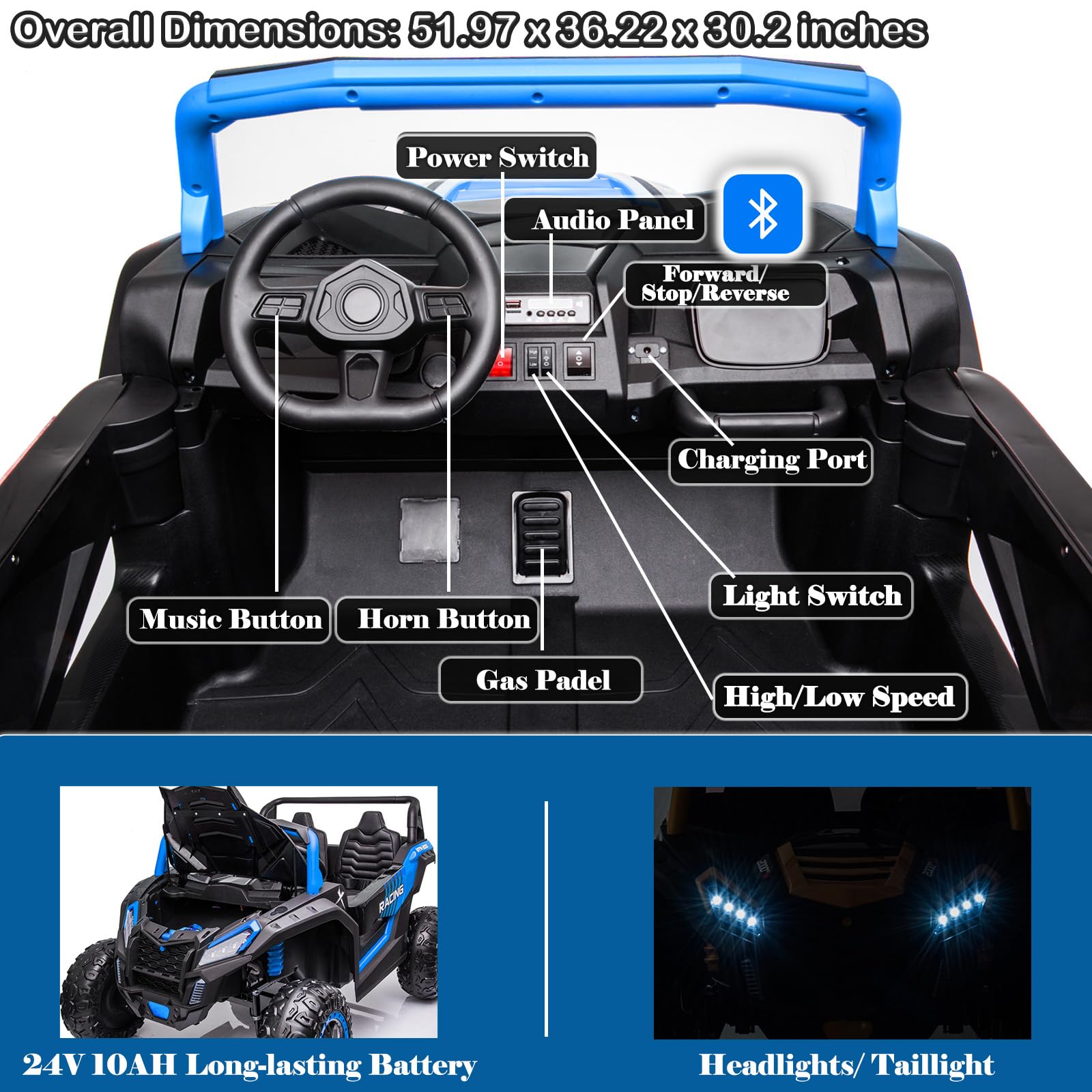 NEWQIDA XXXL 24V Ride On Toys for Big Kids UTV 2 Seater Electric Car w/Remote Control, 4WD Off-Road Side by Side, Max 220lbs, 24.8" Spacious Seat, EVA Tires, Up to 5.6 MPH, Rear Shock Absorbor, Black