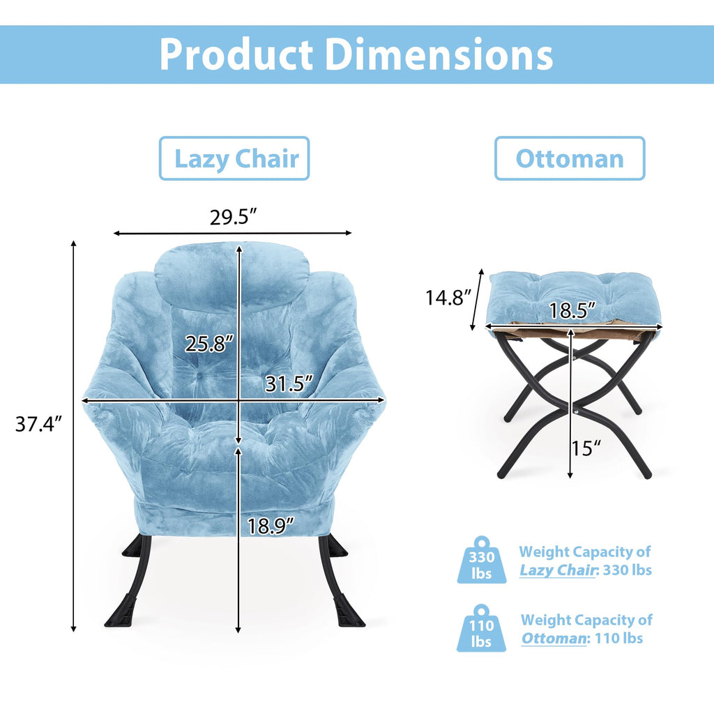 Youtanic Lazy Chair with Folding Ottoman, Accent Chair Velvet Upholstered with Metal Structure and Non-Slip Pads, Sofa Armchair with Footrest and Side Storage Bag for Dorm, Room, Office, Beige
