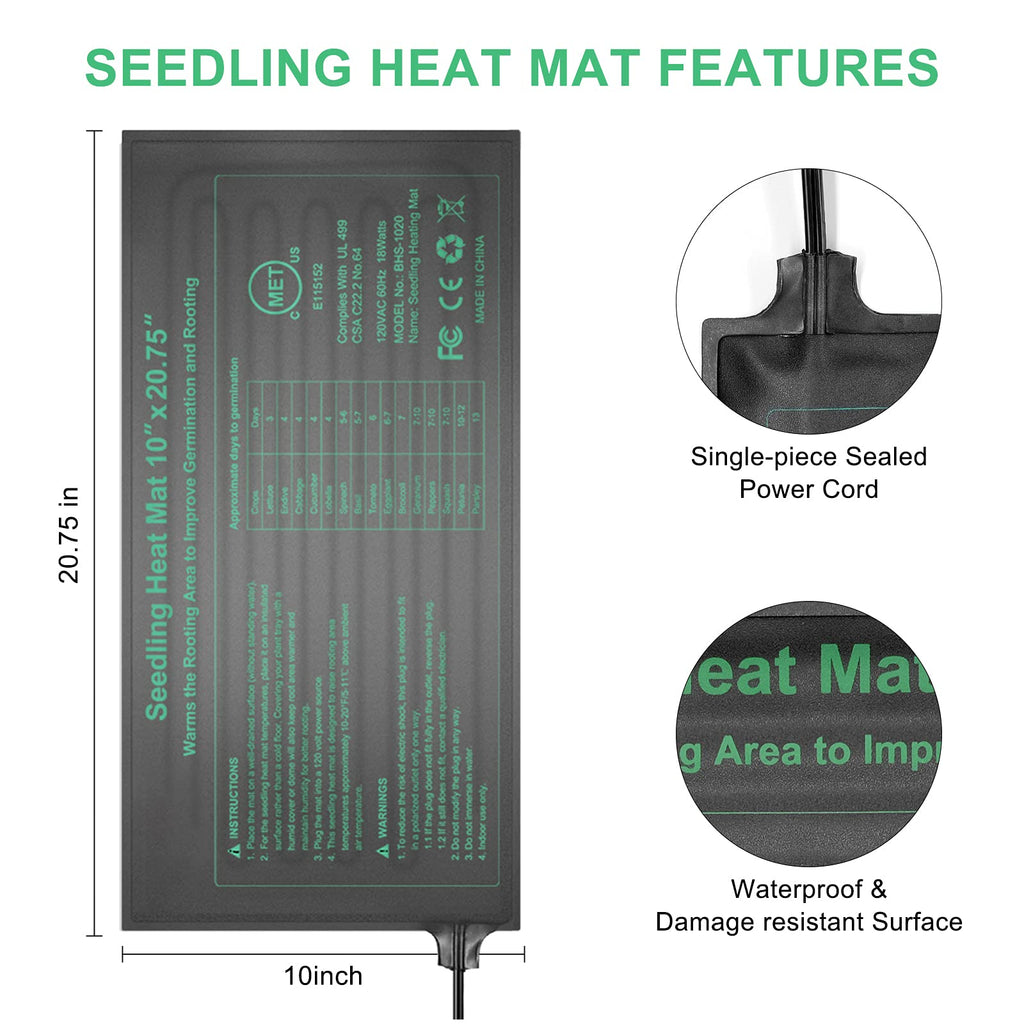 Seedling Heat Mat Hydroponic Plants Heating Pad, Seed Starting Greenhouse and Germination, Waterproof Durable Heating Pad for Indoor Home Gardening Seed Starter(10“x20.75”)