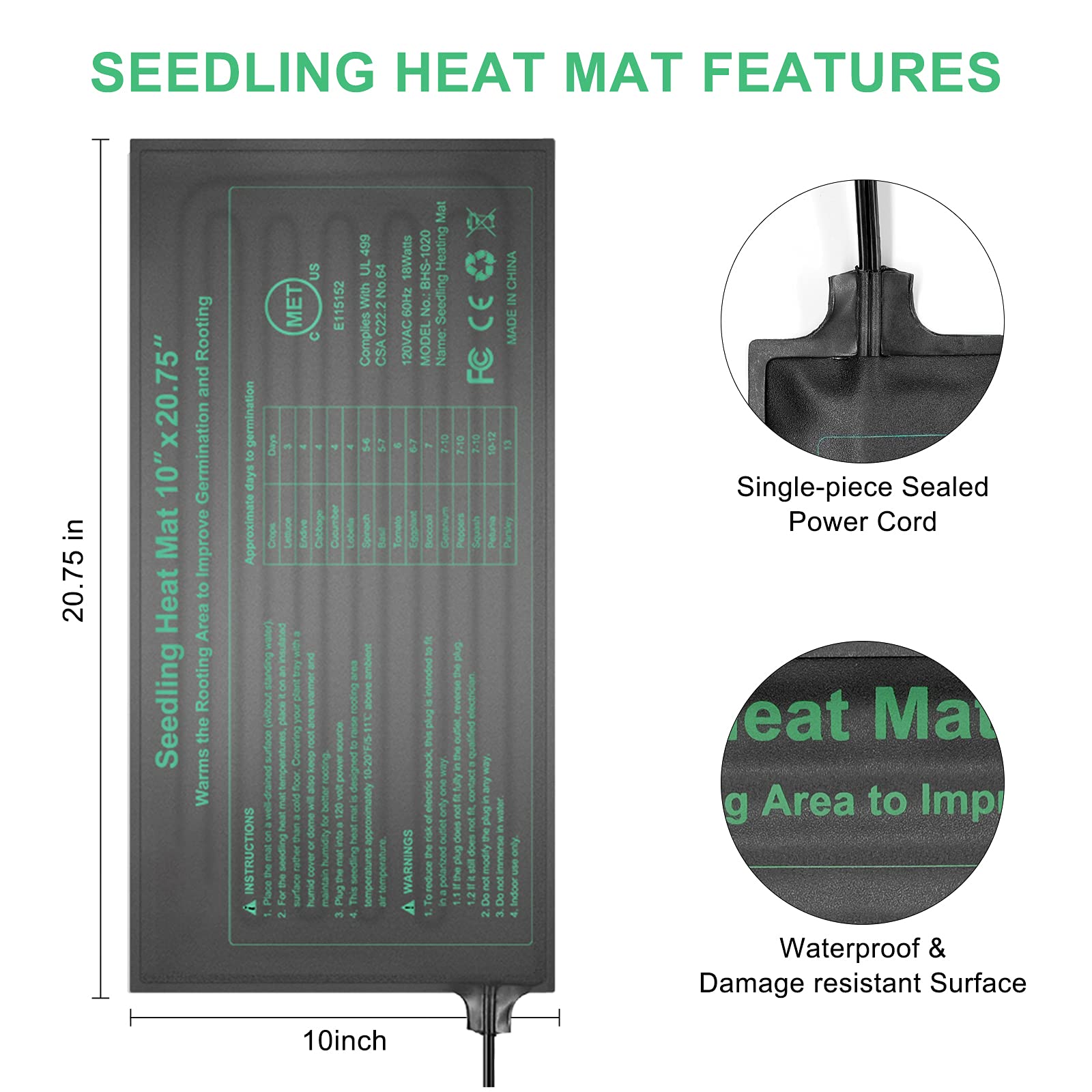 Seedling Heat Mat Hydroponic Plants Heating Pad, Seed Starting Greenhouse and Germination, Waterproof Durable Heating Pad for Indoor Home Gardening Seed Starter(10“x20.75”)
