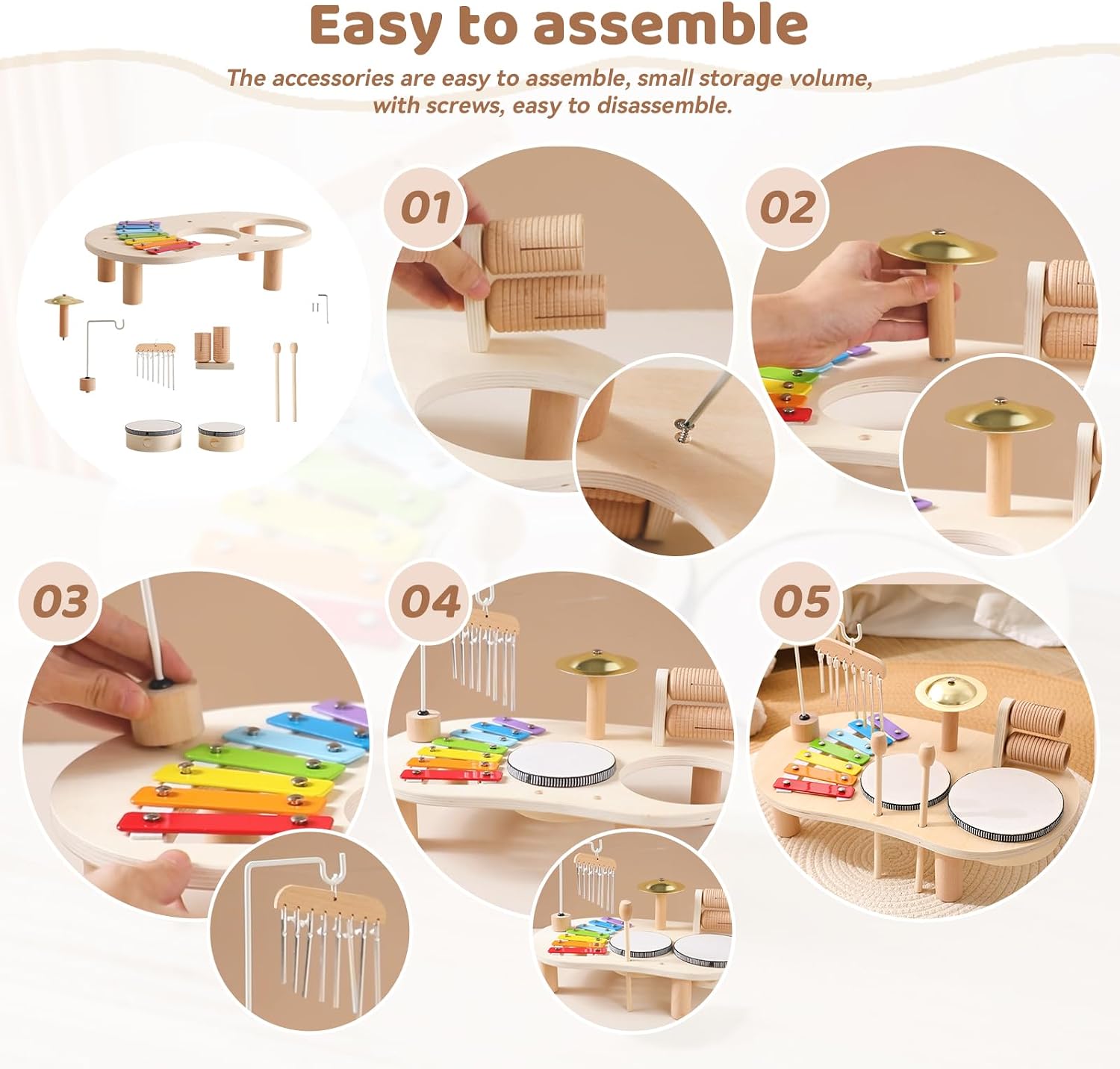 Wooden Drum Set for Toddlers 1-3, Musical Percussion Instruments for Kids Baby Drum Set Xylophone, Montessori Educational Musical Toys for Girls Boys Ages 3+