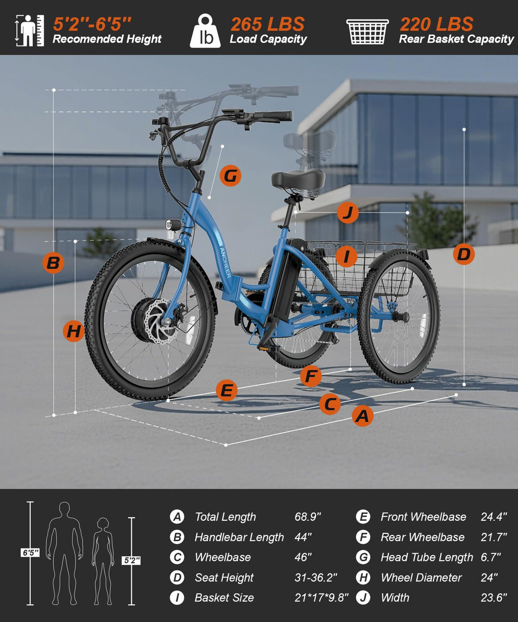 ANCHEER Electric Tricycle for Adults, Peak 600W Folding Electric Trike, 24" 499Wh Ebike for Seniors, 15.5MPH Electric Bike, Removable Battery, 3 Wheel, LCD, Rear Differential, Basket