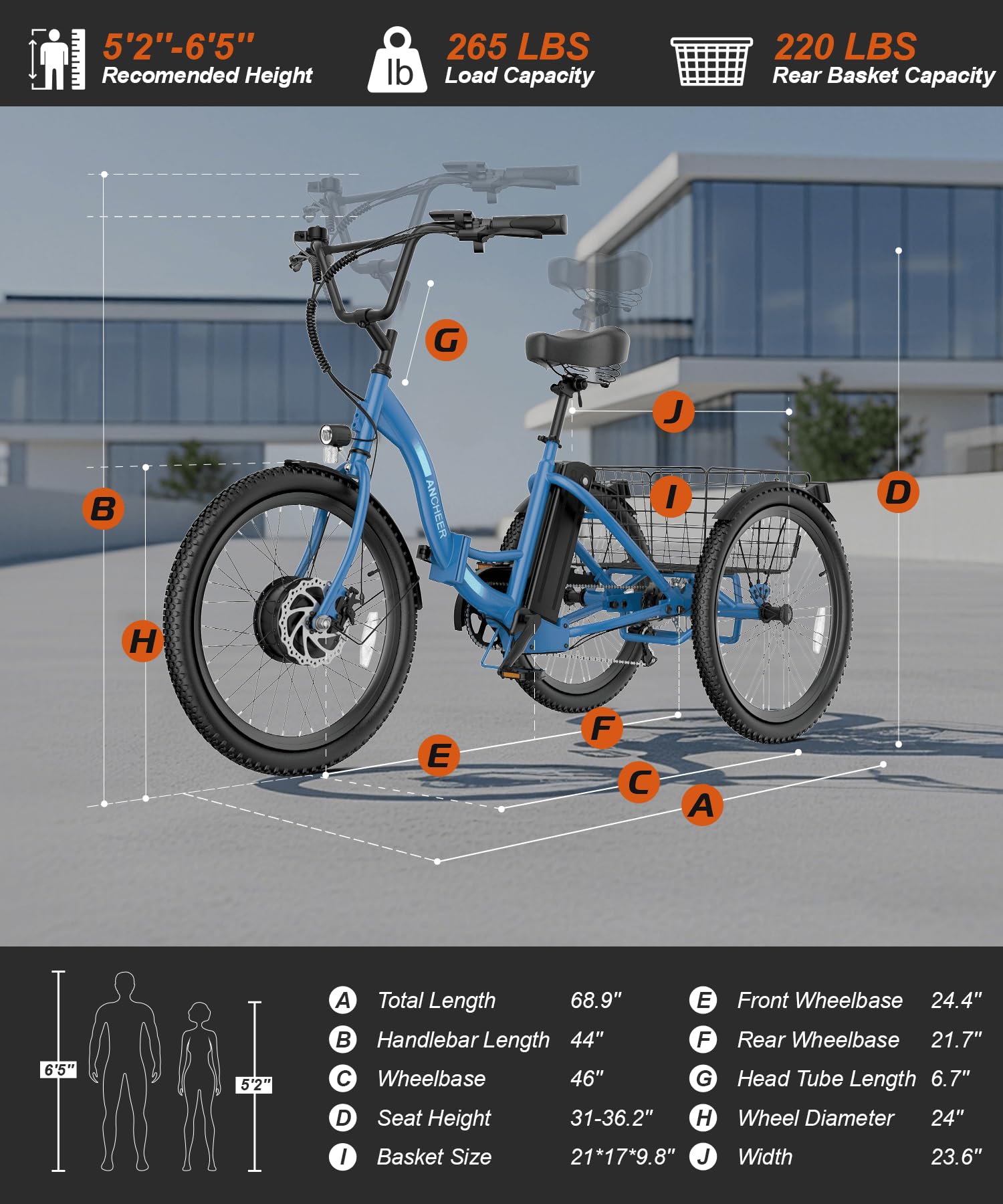 ANCHEER Electric Tricycle for Adults, Peak 600W Folding Electric Trike, 24" 499Wh Ebike for Seniors, 15.5MPH Electric Bike, Removable Battery, 3 Wheel, LCD, Rear Differential, Basket