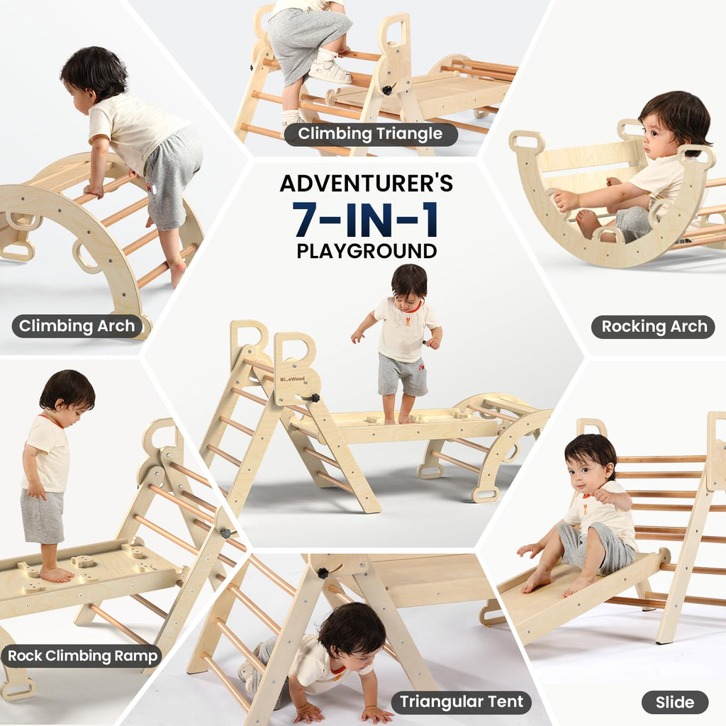 BlueWood Pikler Triangle Set with Safe Handle, Foldable 7-in-1 Montessori Toddler Climbing Toys Indoor, Wooden Pickler Climbing Set, Baby Jungle Gym & Playground, Climbing Toys for 1-3 Year, Colorful