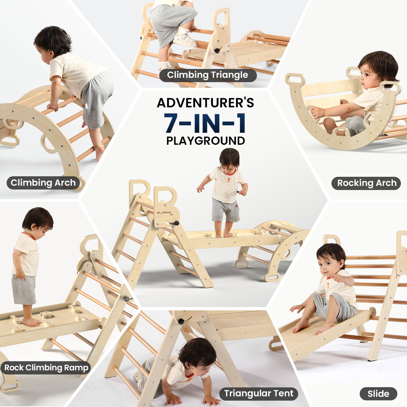 BlueWood Pikler Triangle Set with Safe Handle, Foldable 7-in-1 Montessori Toddler Climbing Toys Indoor, Wooden Pickler Climbing Set, Baby Jungle Gym & Playground, Climbing Toys for 1-3 Year, Colorful