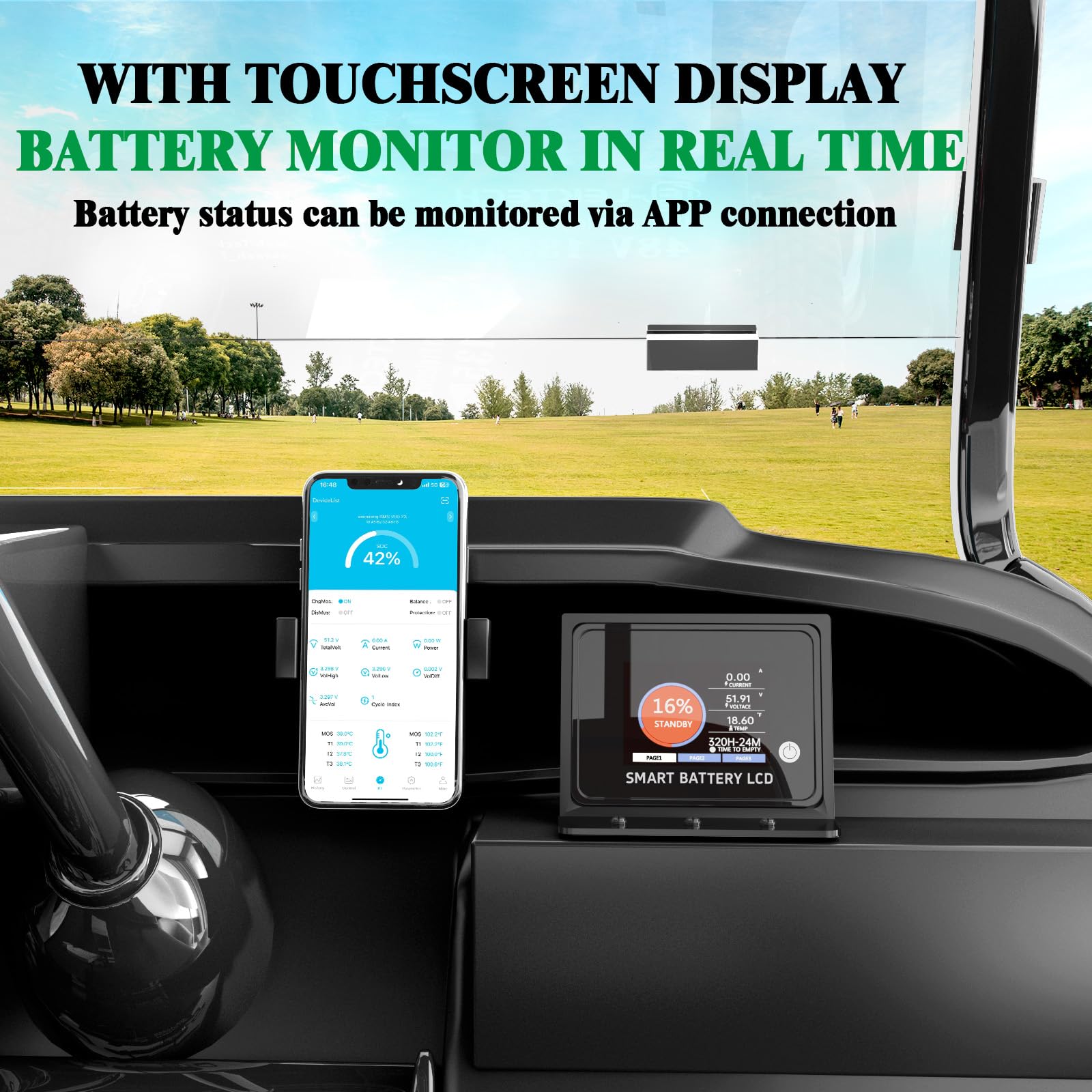 36V 100Ah LiFePO4 Lithium Golf Cart Battery with Charger, Built-in Smart 200A BMS, with Touch Monitor, Perfect for Golf Carts, Off-grid