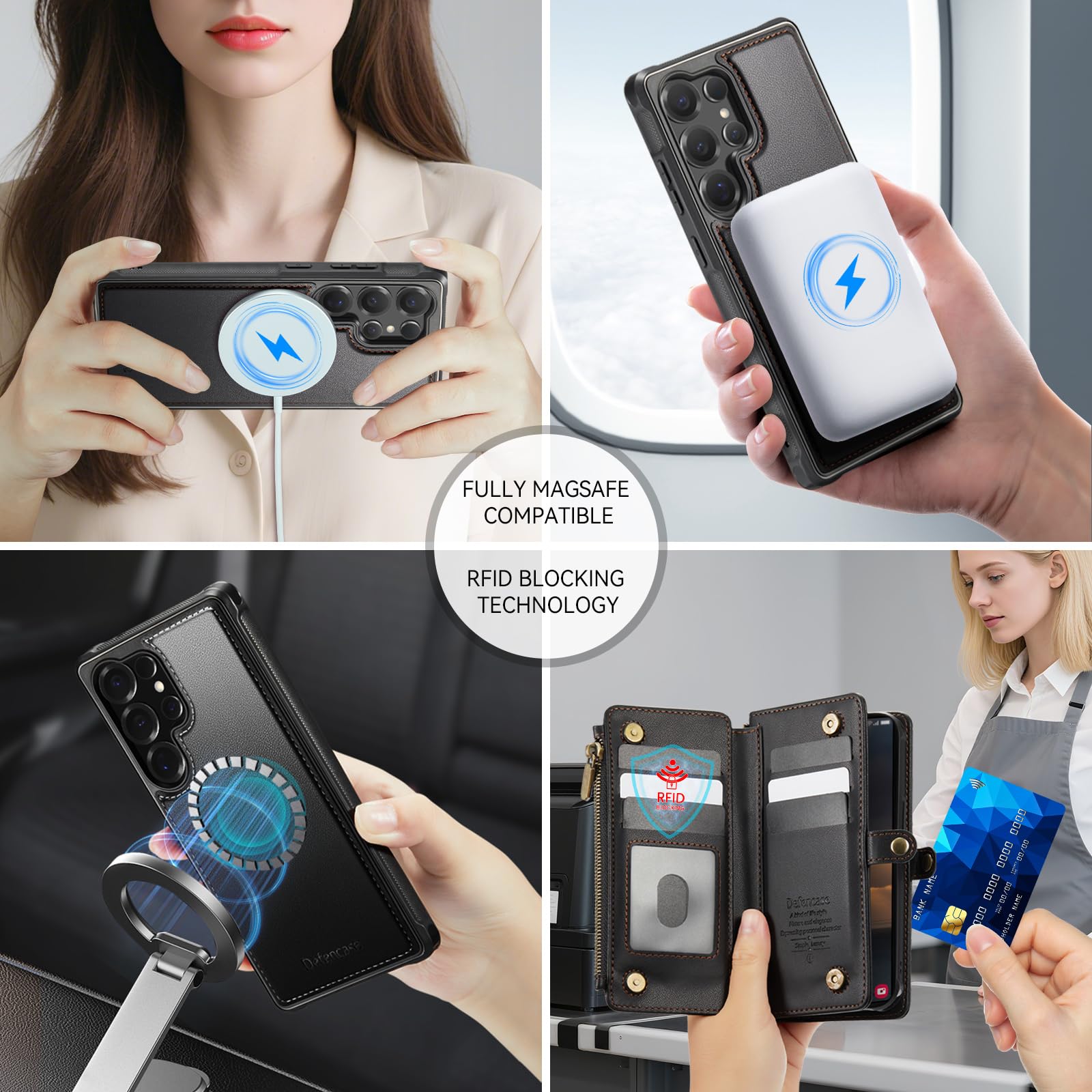 Defencase for Samsung Galaxy S25 Ultra Magnetic Wallet Case Compatible with Magsafe with RFID Blocking Zipper & Card Holder Women, PU Leather Detachable Phone Case for Galaxy S25 Ultra 6.9", Black