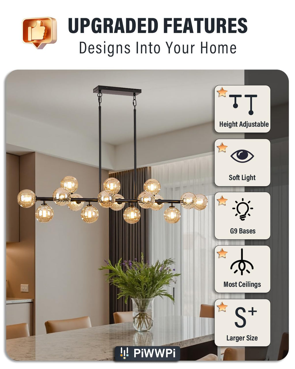 Modern Linear Chandeliers for Dining Room, 8-Light Globe Sputnik Pendant Ceiling Light, Black Dining Room Light Fixture Over Table, Mid Century Glass Milk White Bubble, 31.5 Inch, GC-09