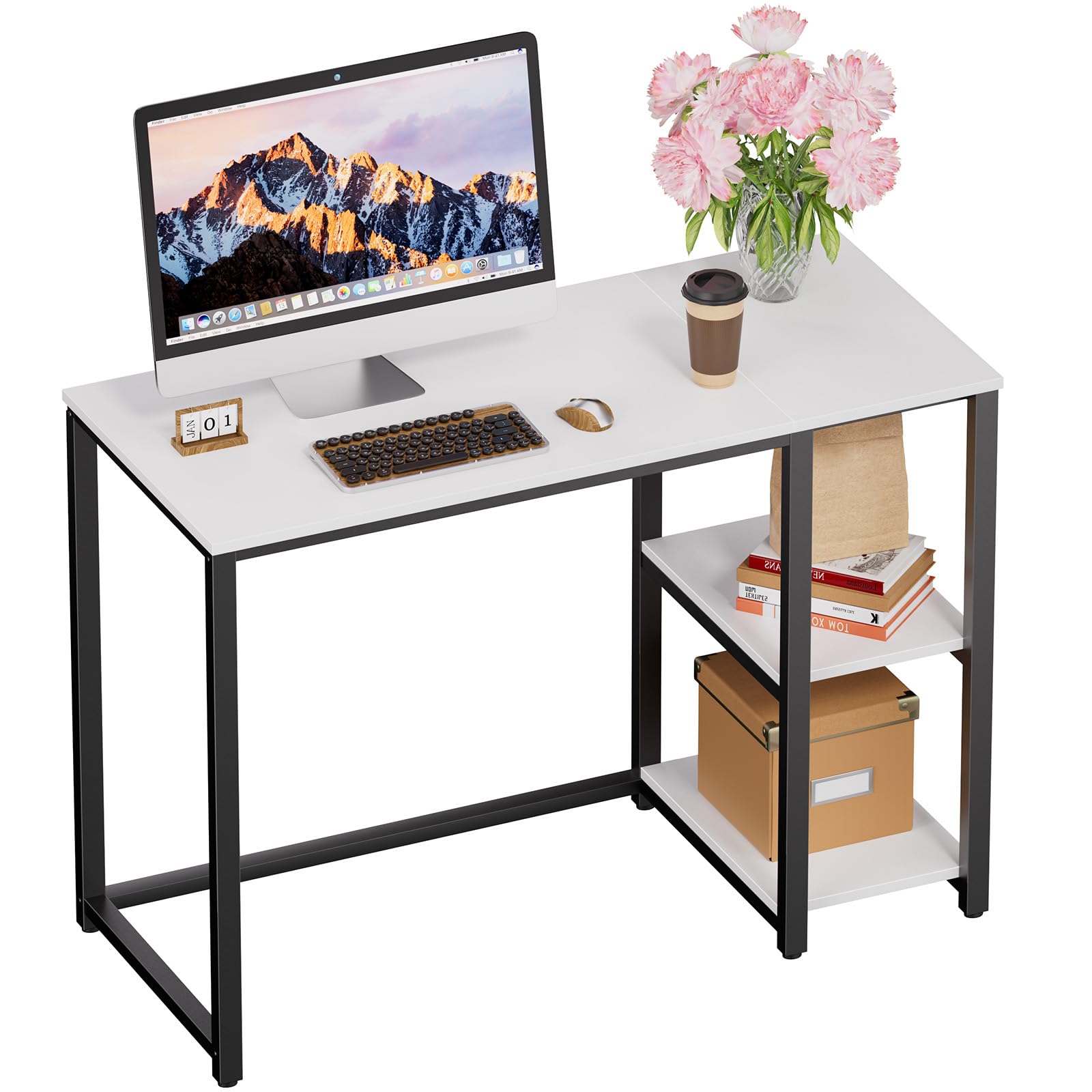SINPAID 40 Inch Small Gaming Desk with Shelves for Small Spaces, Easy Assembly Study Desk, Sturdy Writing Desk for Bedroom & Home Office, Black