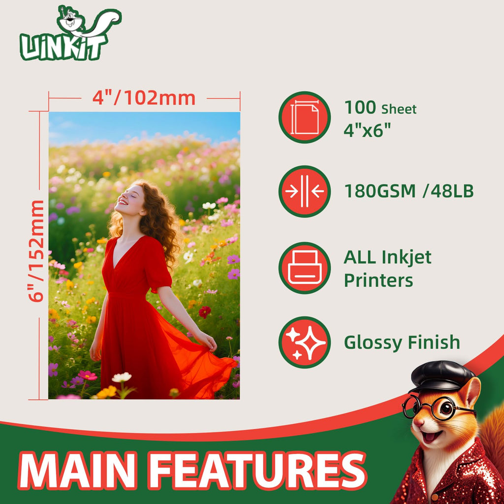 Uinkit Premium Glossy Inkjet Photo Paper - 4x6 Inch, 48lb 180gsm, 100 Sheets - Professional Photographic Quality, Dye Ink Compatible, High-Gloss Finish for Vivid Memories & Instant Prints