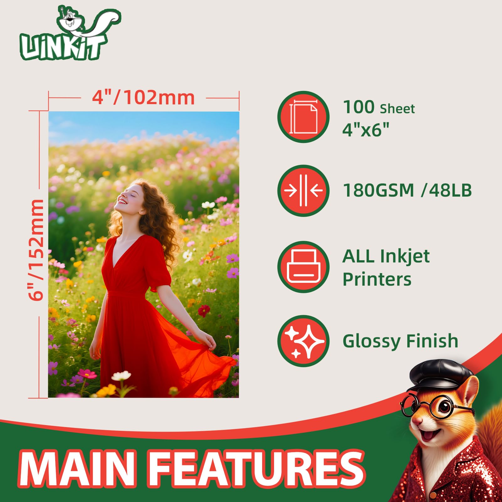 Uinkit Premium Glossy Inkjet Photo Paper - 4x6 Inch, 48lb 180gsm, 100 Sheets - Professional Photographic Quality, Dye Ink Compatible, High-Gloss Finish for Vivid Memories & Instant Prints