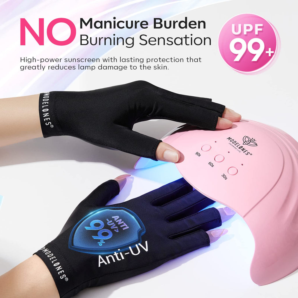 modelones UV Gloves for Gel Manicures, Professional UPF99+ Anti UV Protection Gloves for Gel Nail Lamp (Black)