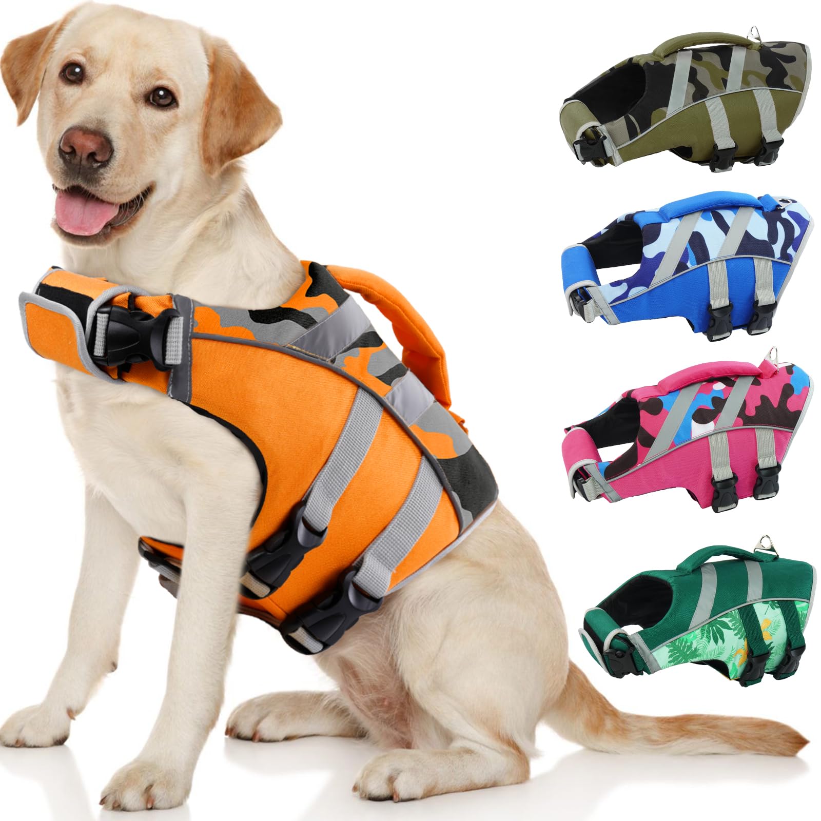 Kuoser Dog Life Jacket with Reflective Stripes, Dog Life Vest for Swimming Boating, Adjustable Pet Lifejackets with High Flotation, Doggie Swimsuit for Small Medium Large Dogs