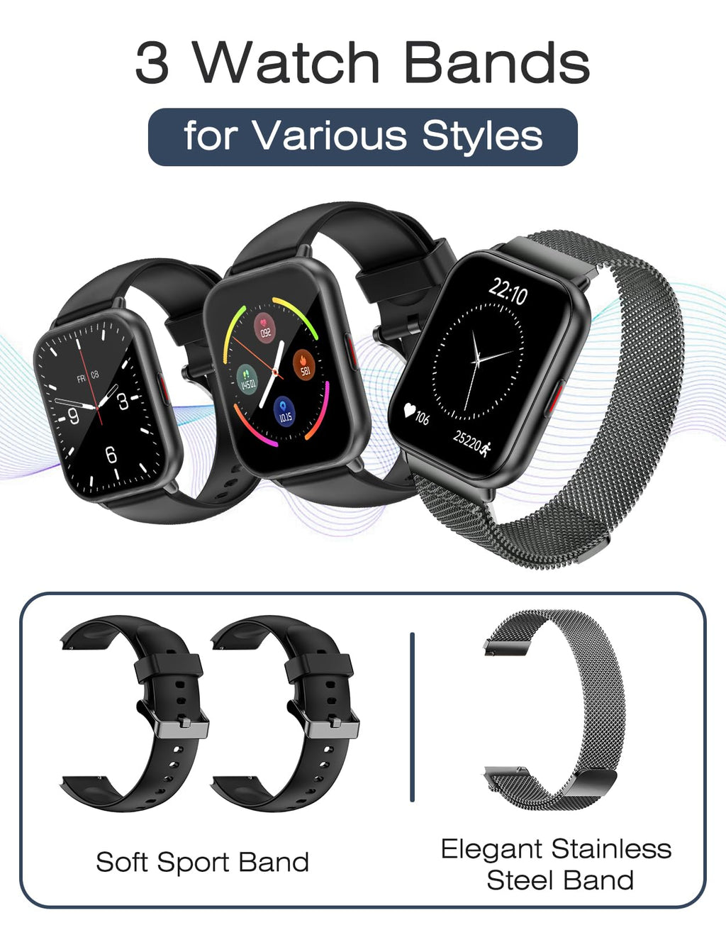 Smart Watches for Women Men (Answer/Make Calls, 3 Bands), 1.85" Fitness Tracker Watch for iPhone/Android Phones with Heart Rate Monitor Sleep/Steps Tracker 100+ Sports Pedometer Waterproof (Black)