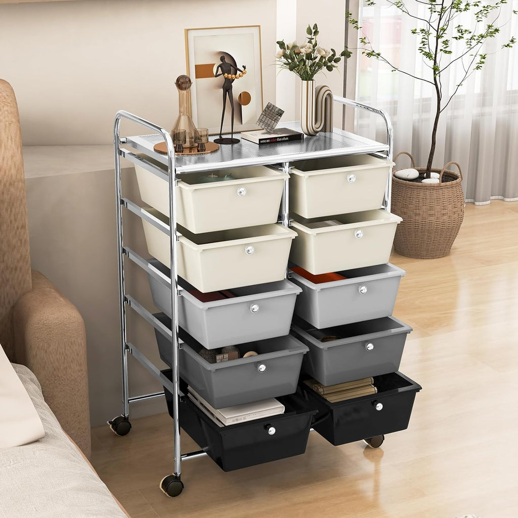LDAILY 9 Drawer Rolling Storage Cart, Rolling Cart with Drawers for Classroom, Art Supply Craft Organizer on Wheel with Metal Frame & Handles for Home Office School
