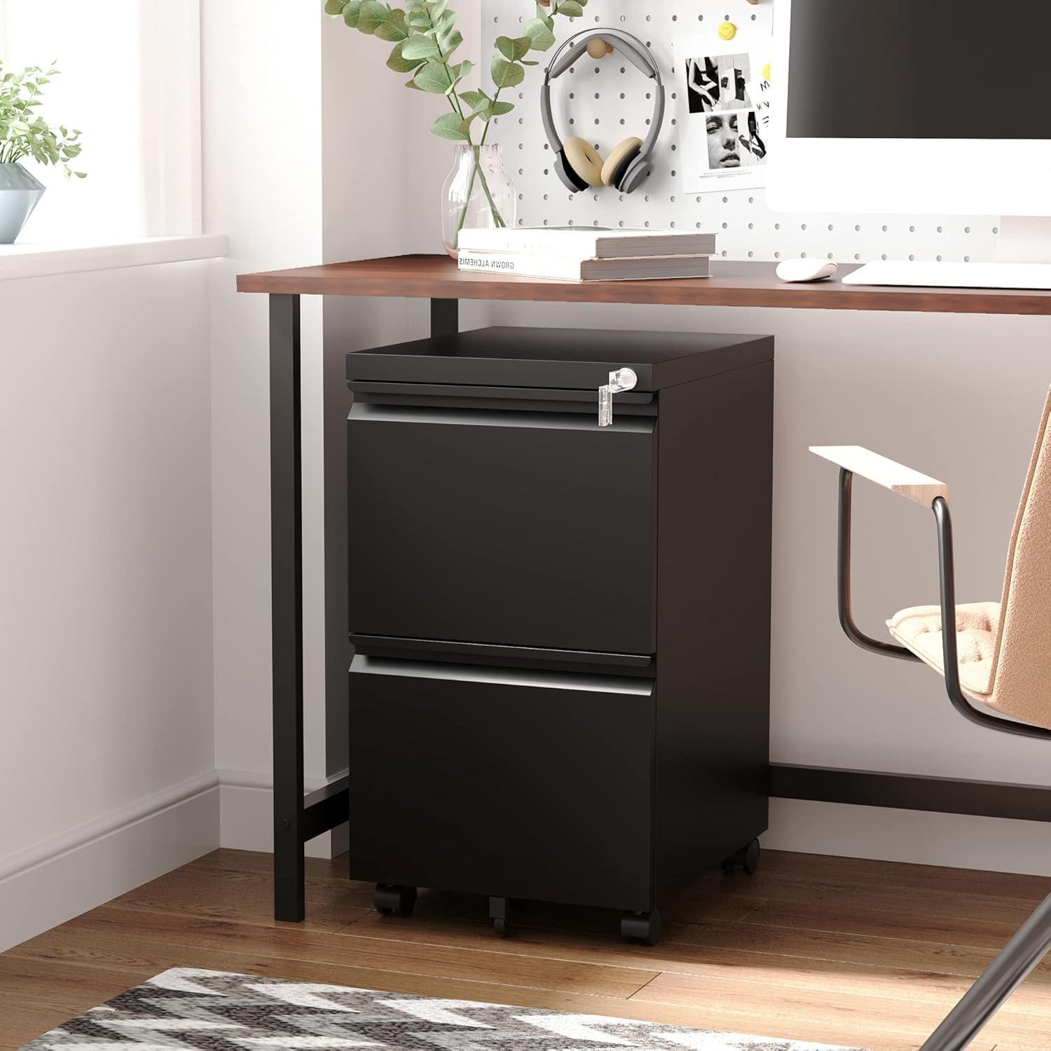 Letaya 3 Drawer Mobile File Cabinet with Lock,Under Desk Metal Small Filing Cabinets for Home Office Organizer Letters/Legal/A4(Fully Assembled Except Wheels-Black)