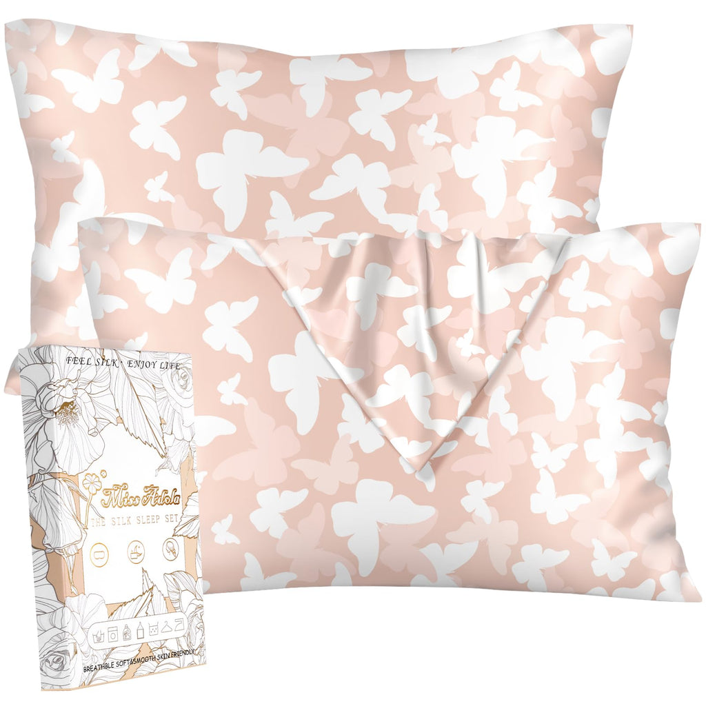 Miss Adola 2 Pack Mulberry Silk Pillowcase for Hair and Skin - Standard Size 20 x 26 Inches with Hidden Zipper Beige Flower 19 Momme Soft Sleeping Silk Pillow Case for Women, Moms