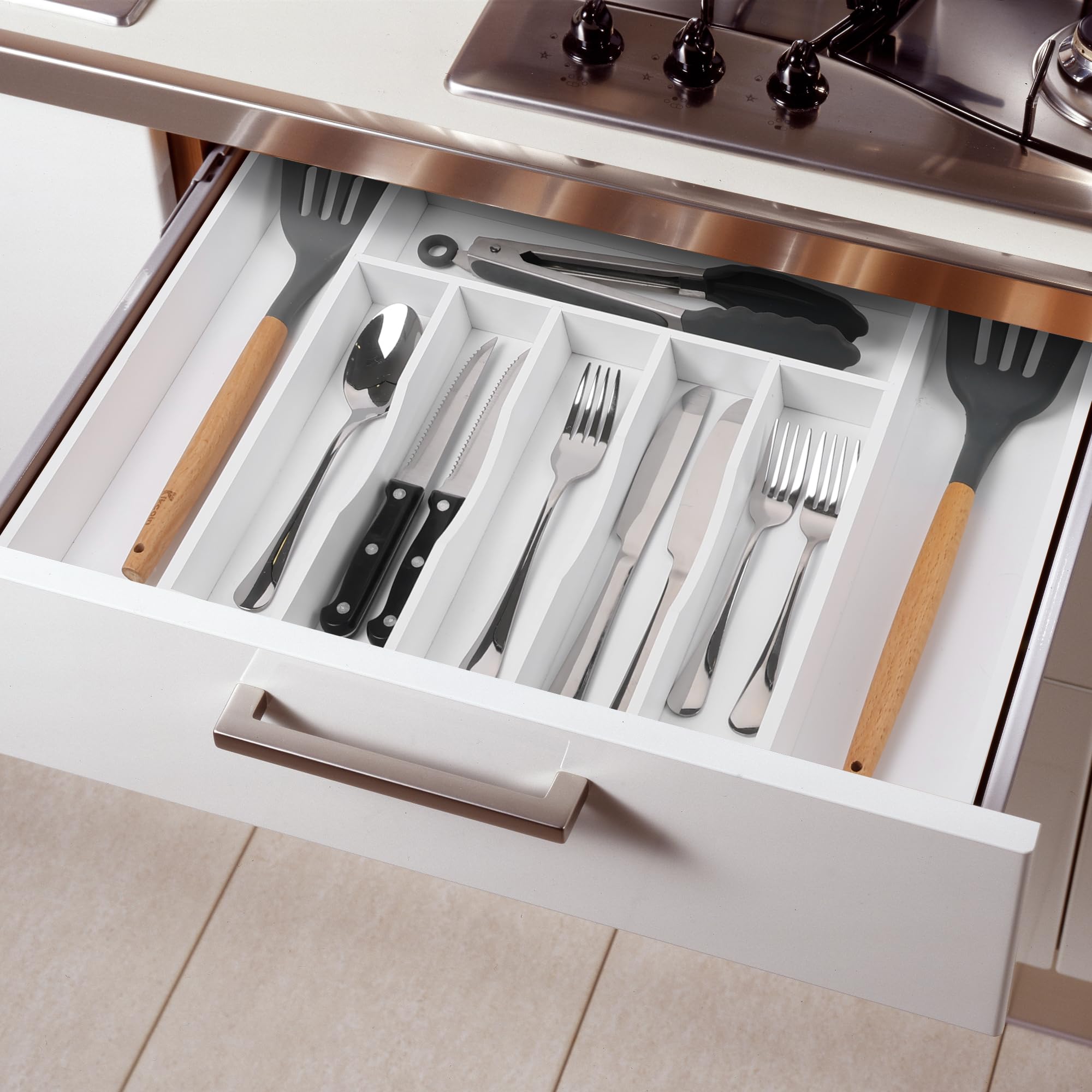 Expandable Acacia Kitchen Drawer Organizer for Cutlery and Utensils, Adjustable Acacia Wood Cutlery Tray in Drawer for Flatware and Silverware in Kitchen