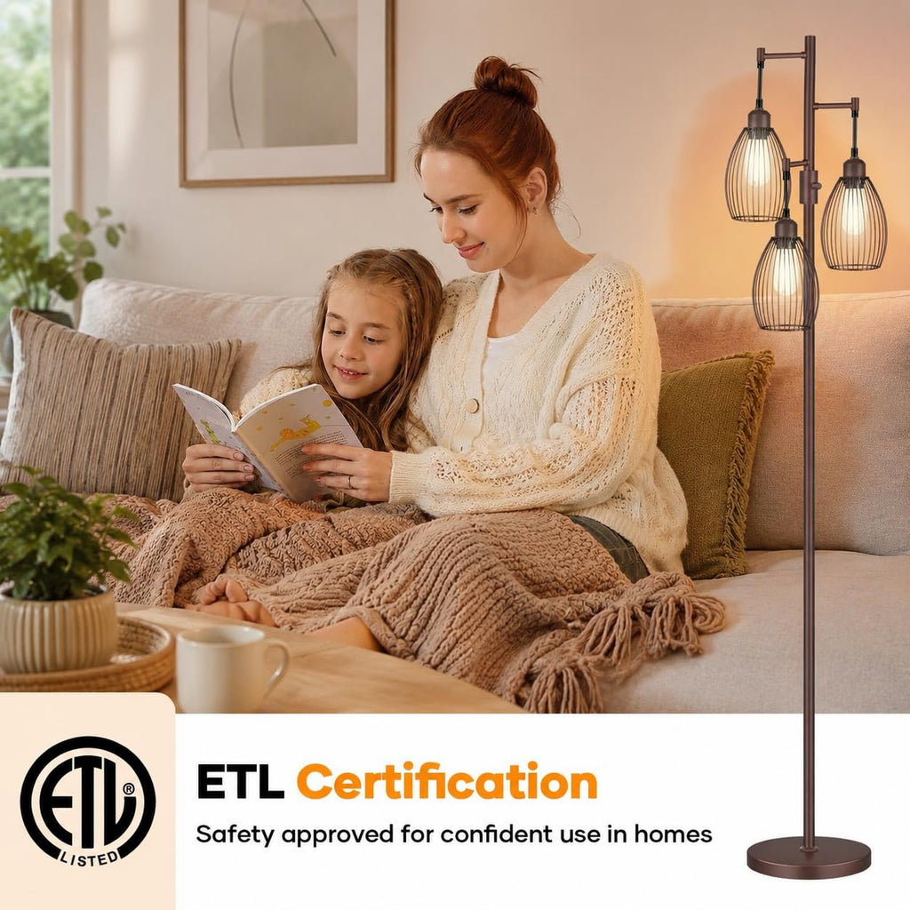Dimmable Floor Lamp, 3 x 800LM LED Edison Bulbs Included, Farmhouse Industrial Floor Lamp Standing Tree Lamp with Elegant Teardrop Cage Tall Lamps for Living Room Bedroom Office Dining Room-Brass