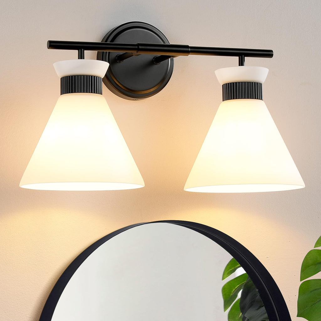WOSHITU Gold Bathroom Light Fixtures: Modern Vanity Lighting Fixtures 2 Lights for Bathroom Mid Century Vanity Light Sconces Over Mirror with Frosted Milky Glass for Bath Bedroom Makeup