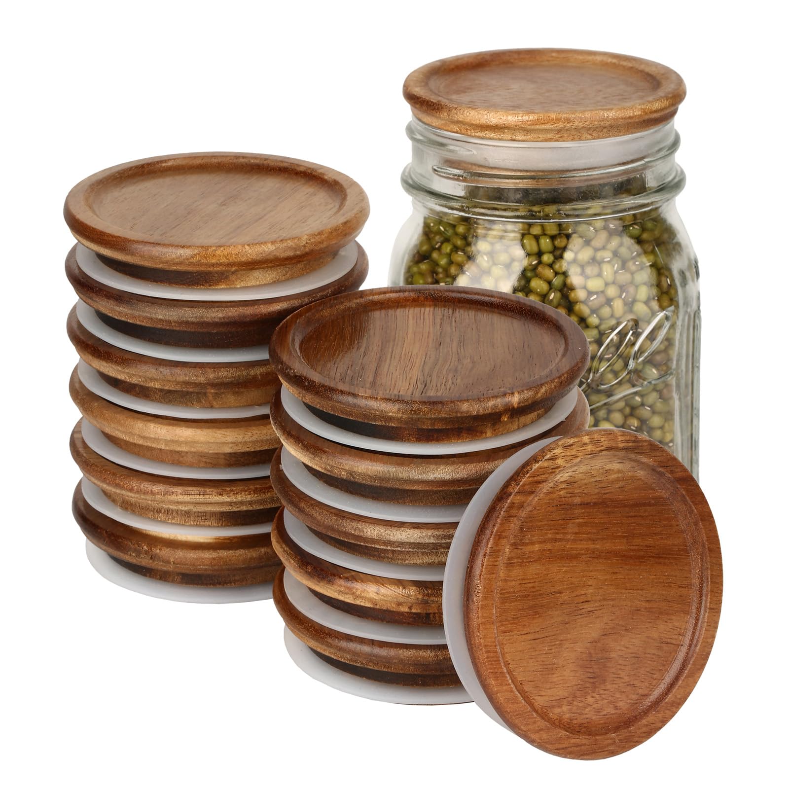 6 Pack Wide Mouth Mason Jar Lids Reusable canning lids Acacia Wooden mason jar Lids with Airtight Silicone Seal, Brown (6PCS Wide Lids)